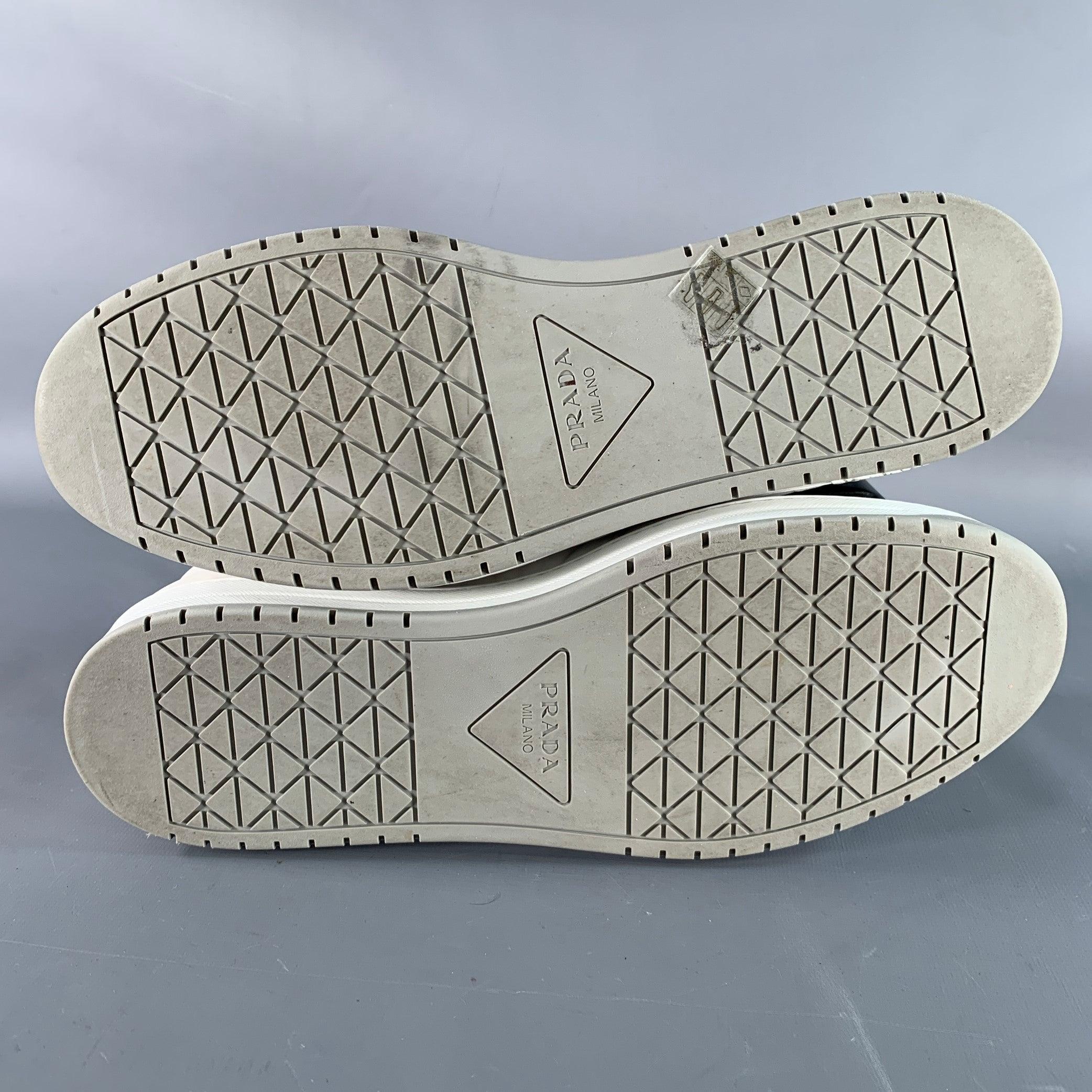 PRADA Size 11 White Navy Color Block Logo Leather Nylon Mesh Sneakers For Sale 3