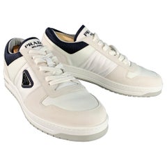 PRADA Size 11 White Navy Color Block Logo Leather Nylon Mesh Sneakers