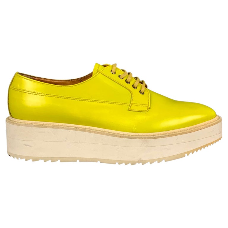 PRADA Size 11 Yellow White Leather Platform Lace Up Shoes at 1stDibs