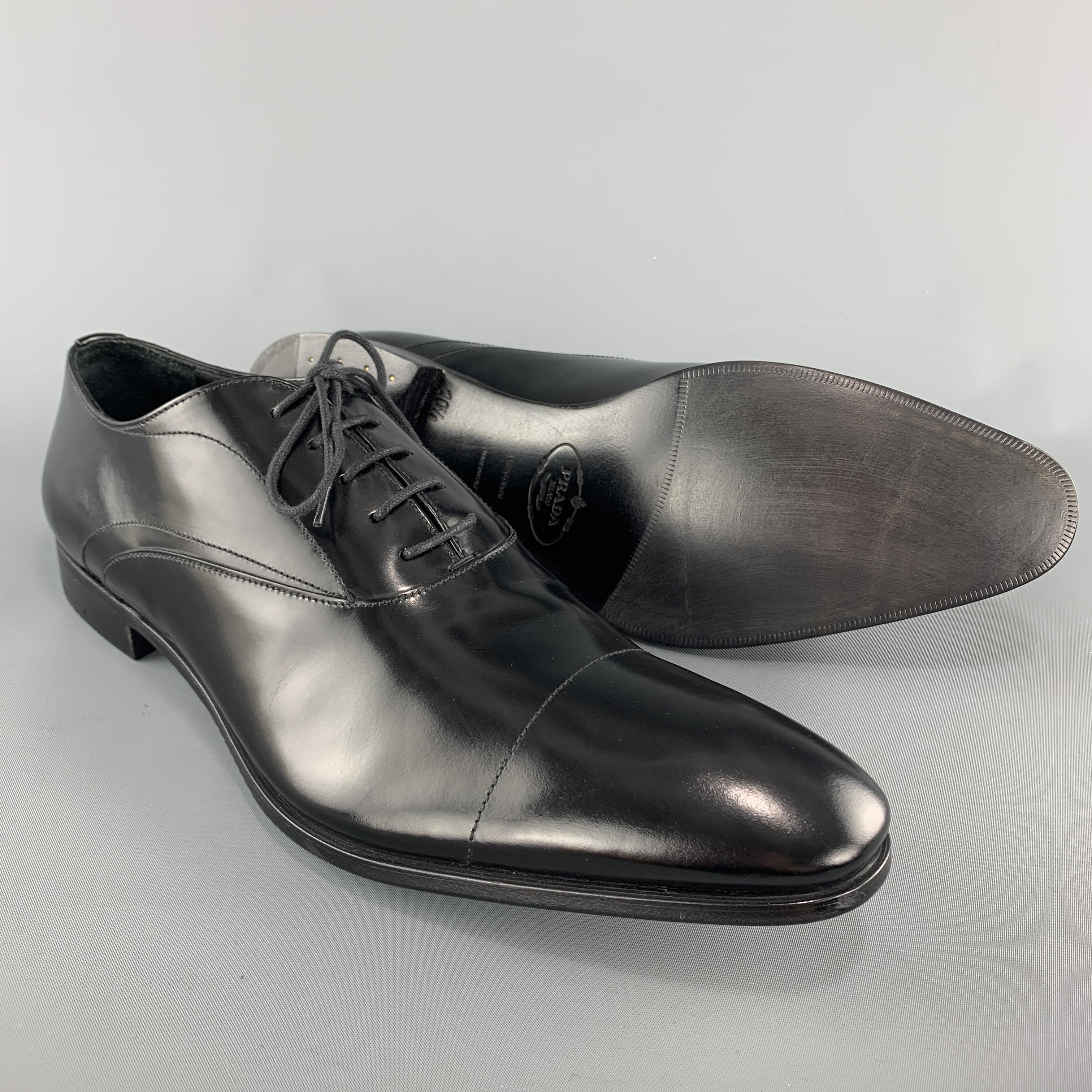 PRADA Size 11.5 Black Polished Leather Pointed Lace Up Dress Shoe In New Condition In San Francisco, CA