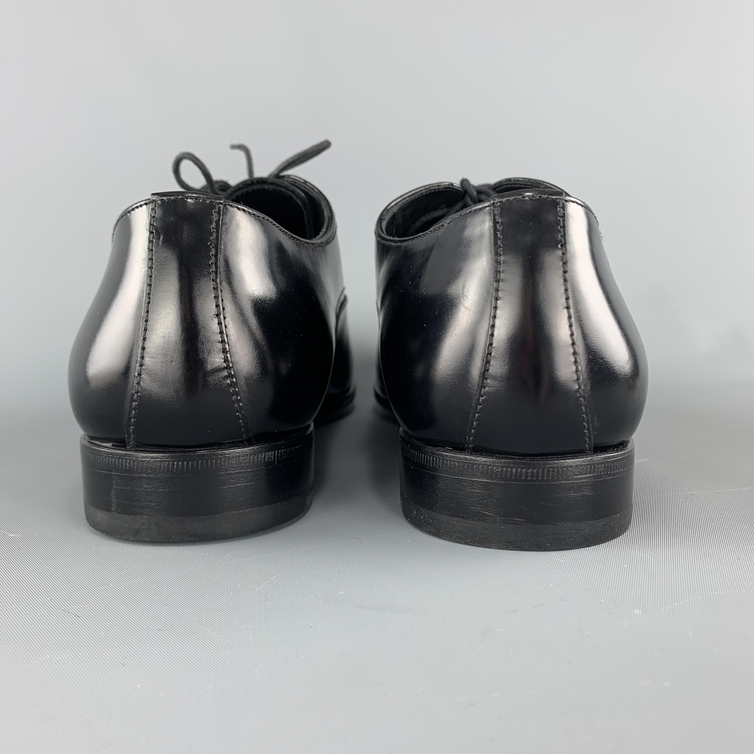 PRADA Size 11.5 Black Polished Leather Pointed Lace Up Dress Shoe 1