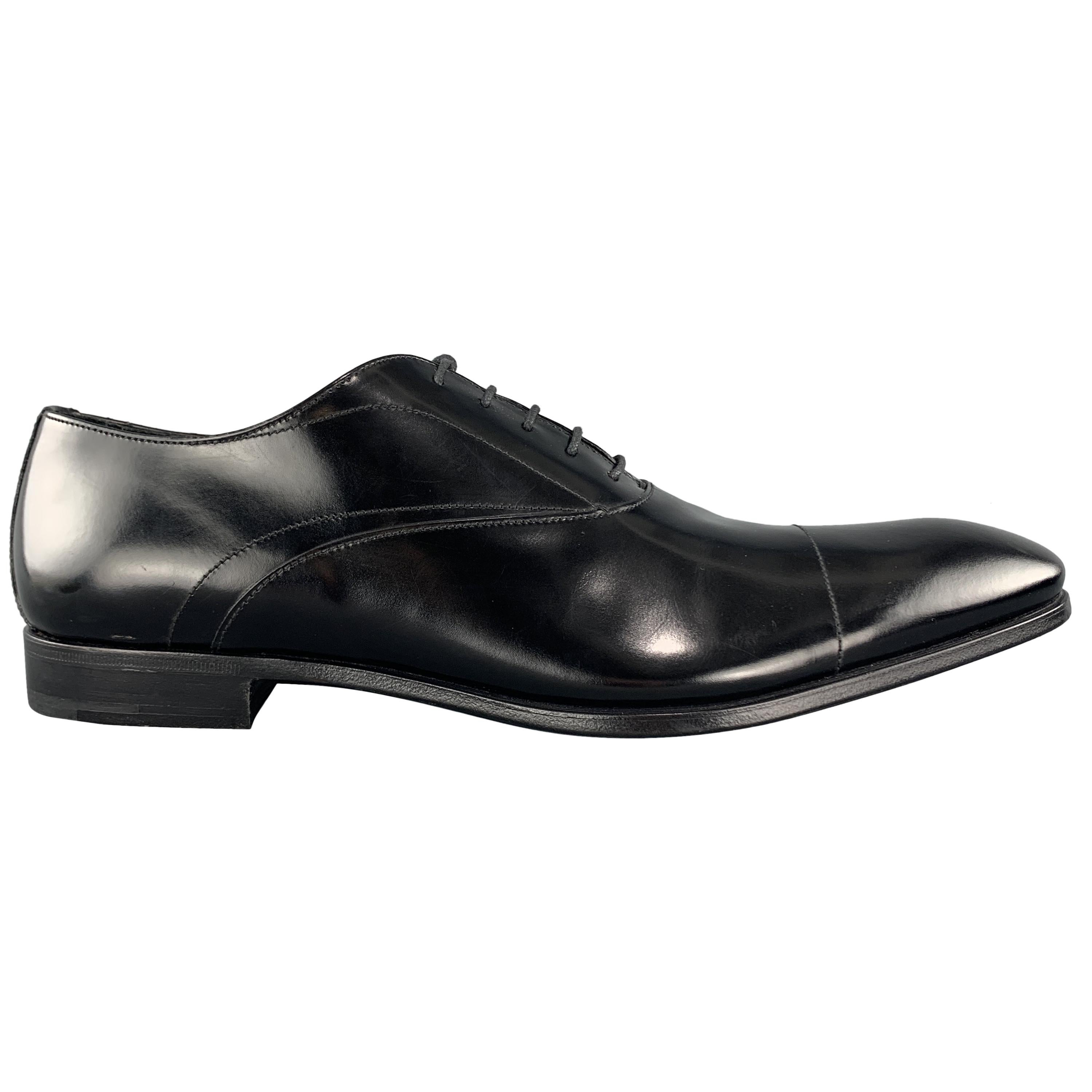 PRADA Size 11.5 Black Polished Leather Pointed Lace Up Dress Shoe