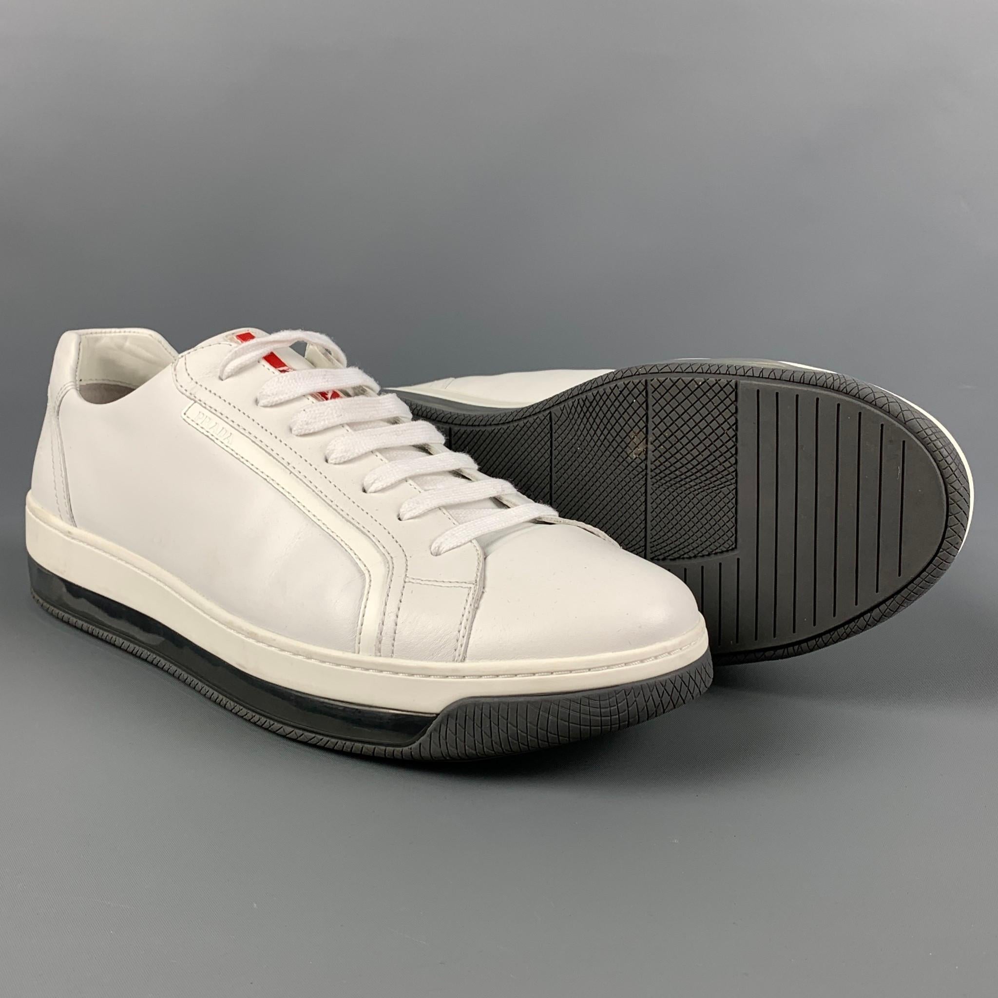 PRADA Size 11.5 White Leather Lace Up Sneakers In Good Condition In San Francisco, CA