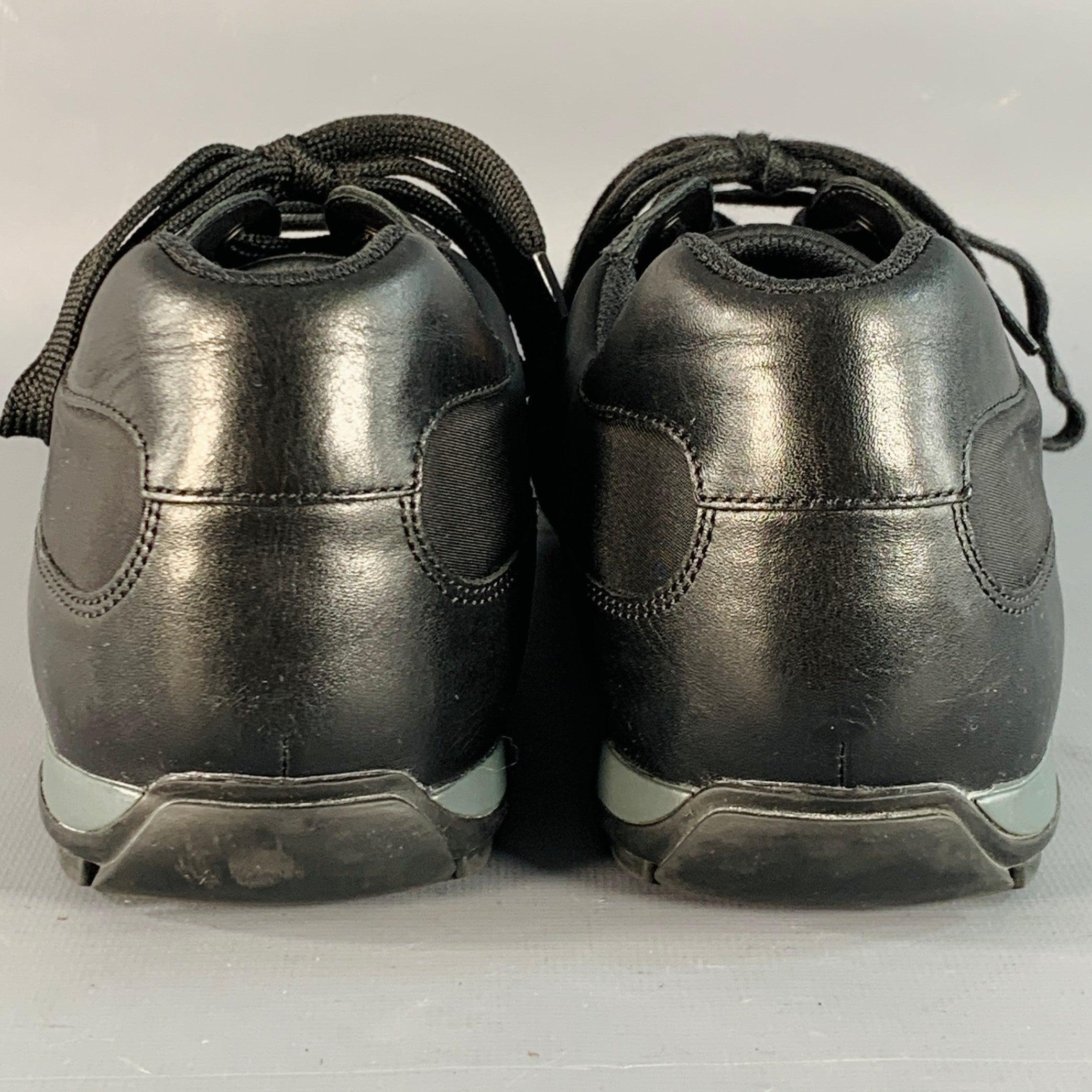 Nero PRADA Size 12 Black Nylon Leather Low Top Lace-Up Sneakers in vendita