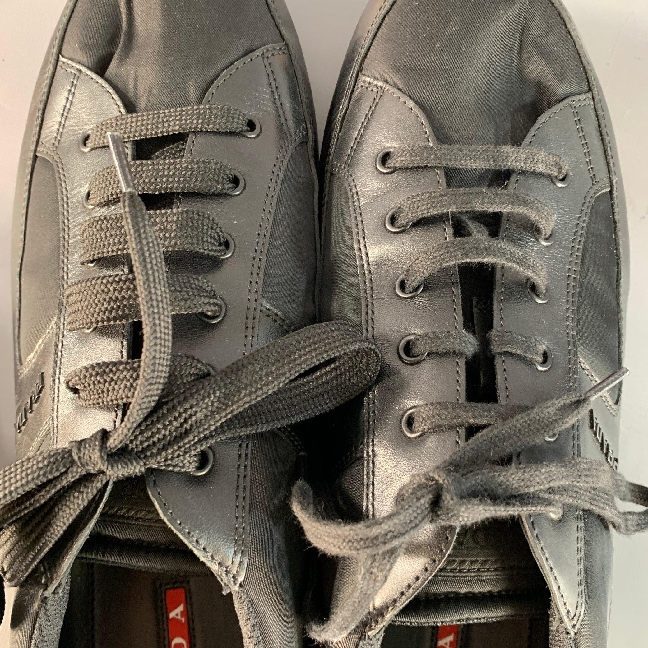 PRADA Size 12 Black Nylon Leather Low Top Lace-Up Sneakers in vendita 4