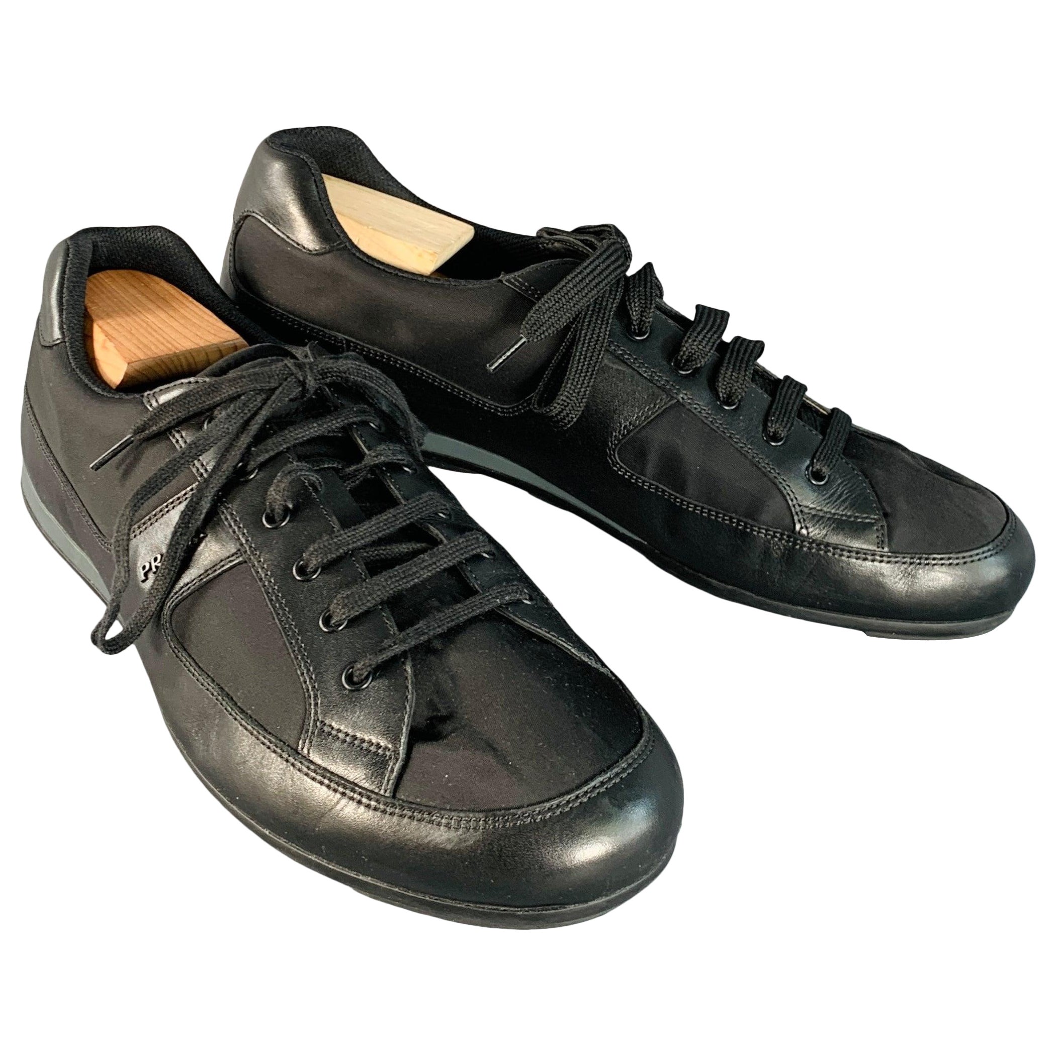 PRADA Size 12 Black Nylon Leather Low Top Lace-Up Sneakers in vendita