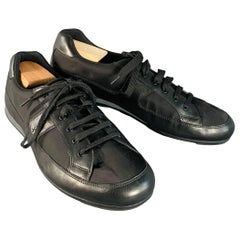 PRADA Size 12 Black Nylon Leather Low Top Lace-Up Sneakers
