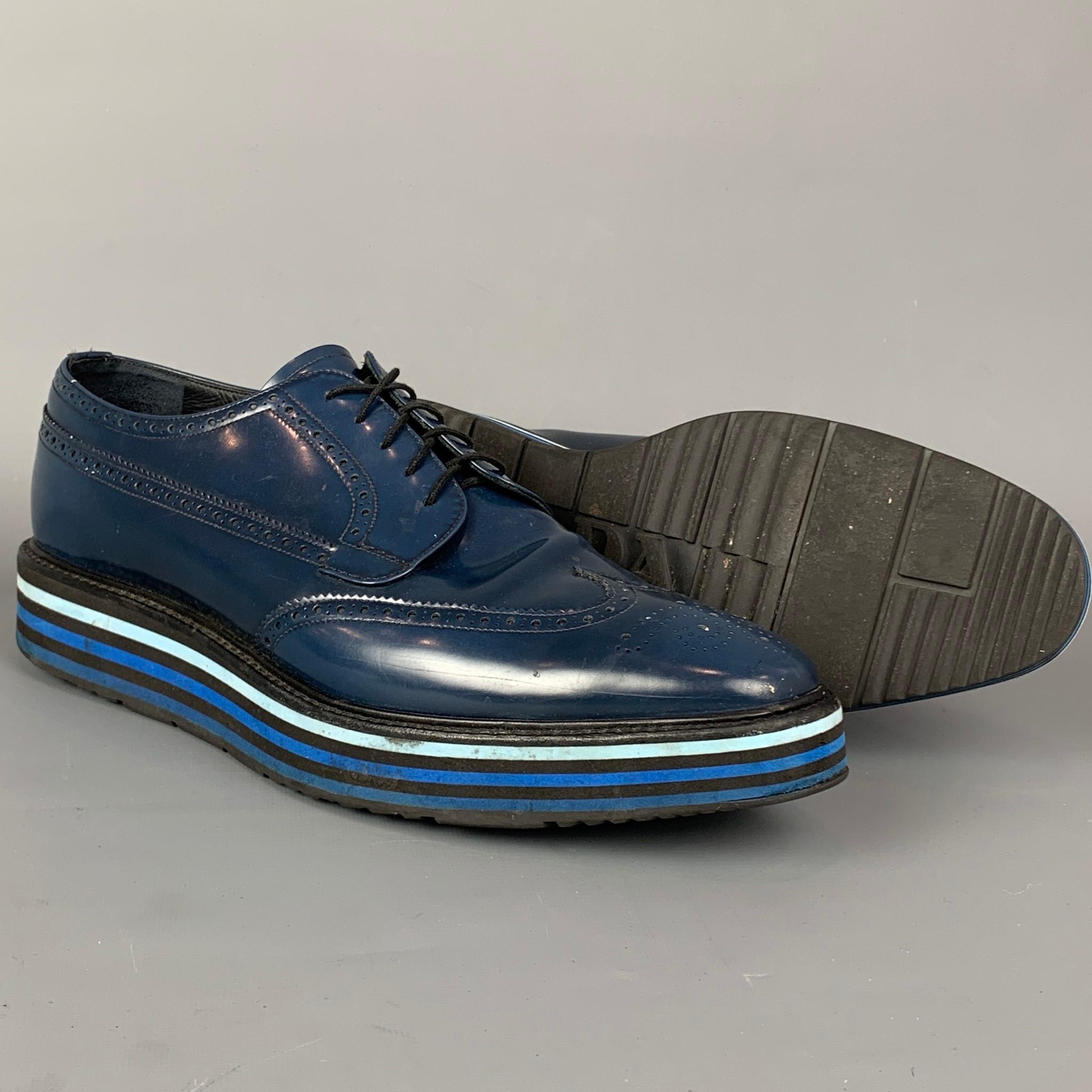 PRADA Größe 13 Blau Perforierte Leder Flügelspitze Schnürschuhe (Schwarz)
