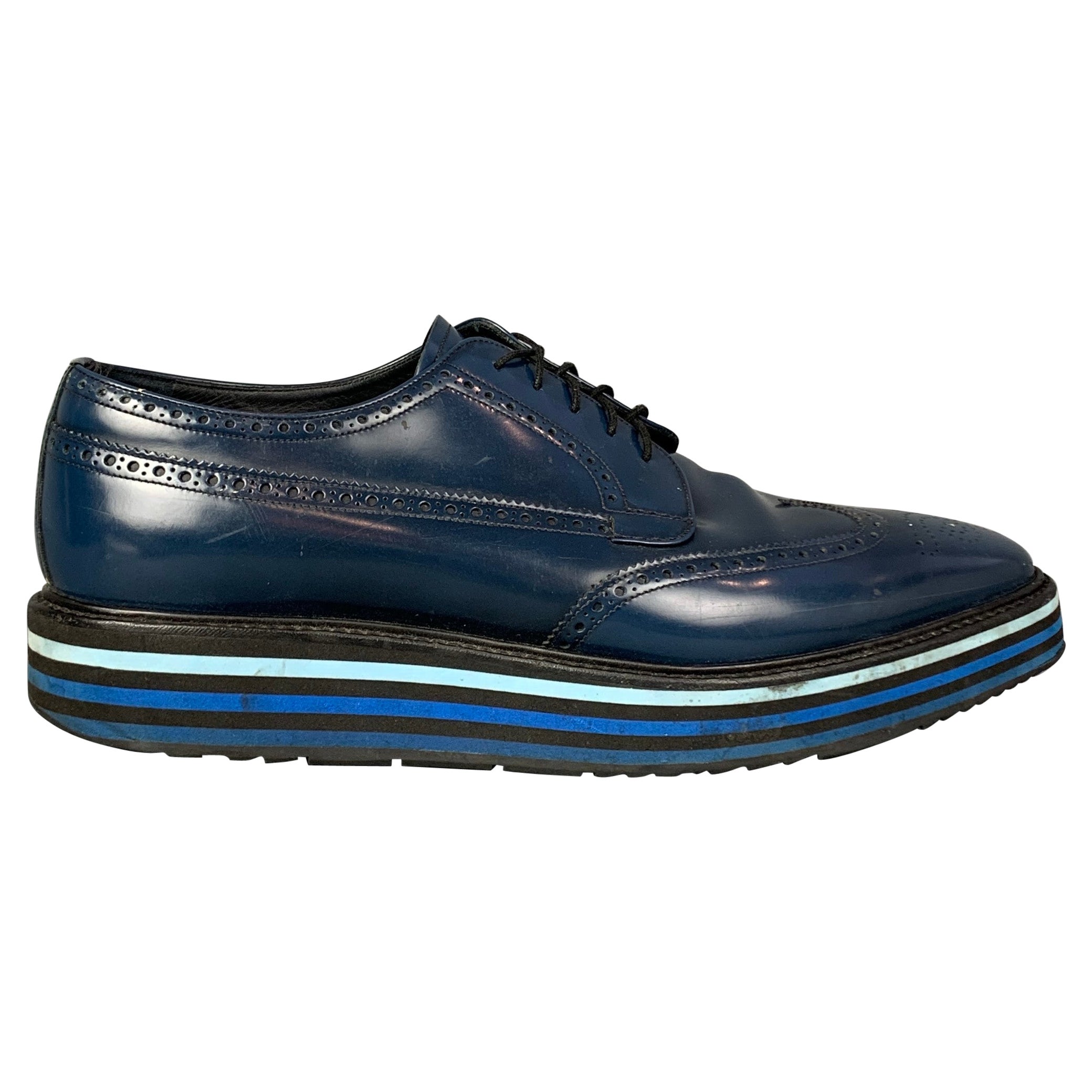 PRADA Größe 13 Blau Perforierte Leder Flügelspitze Schnürschuhe