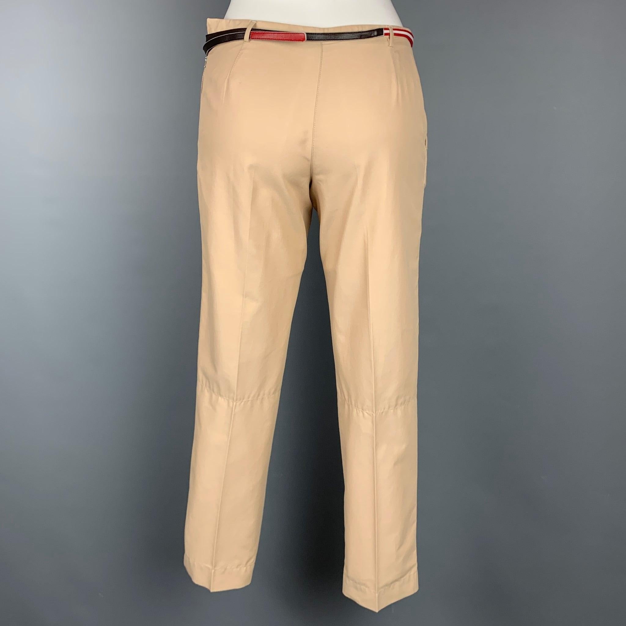PRADA dress pants comes in a beige cotton / nylon featuring a straight leg, belted, and a side zipper closure. Made in Italy.Very Good
Pre-Owned Condition. 

Marked:   38 

Measurements: 
  Waist: 26 inches  Rise: 8 inches  Inseam: 28 inches 
  
  

