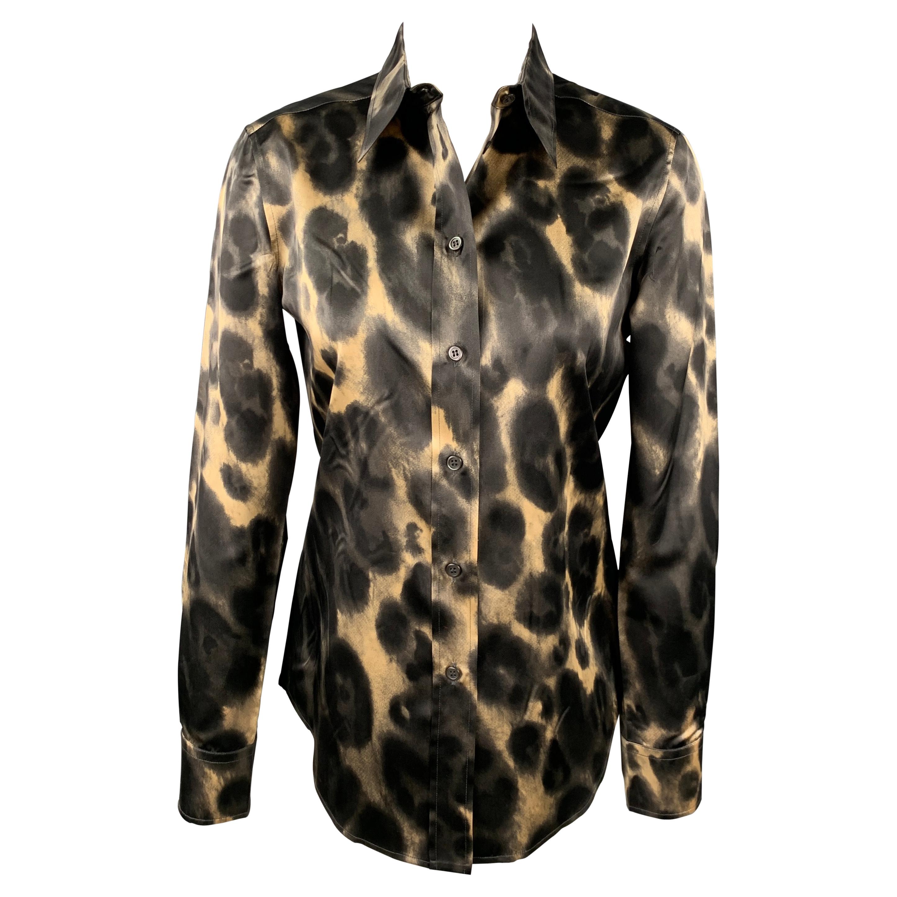 PRADA Größe 2 Schwarz & Beige Seidenbluse mit Knöpfen aus Satin