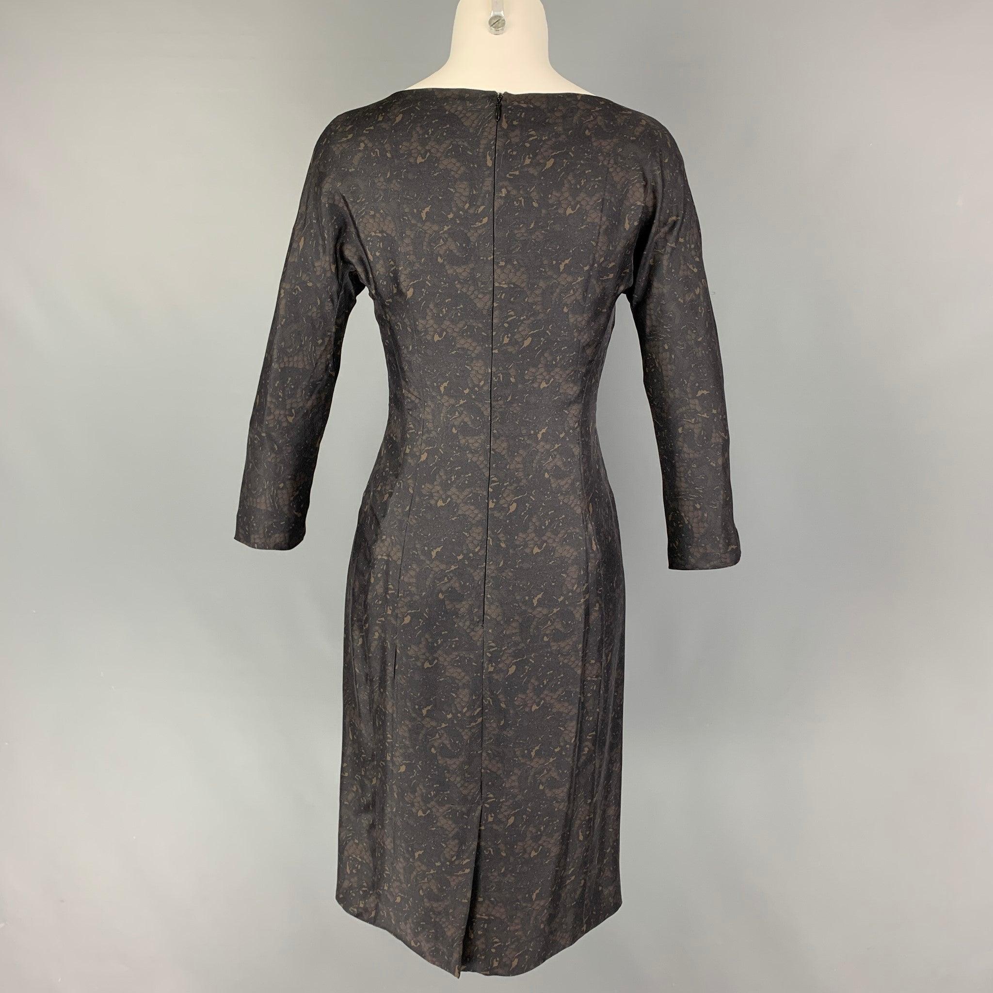 PRADA Size 2 Black Brown Silk Lace Print 3/4 Sleeves Dress In Good Condition For Sale In San Francisco, CA