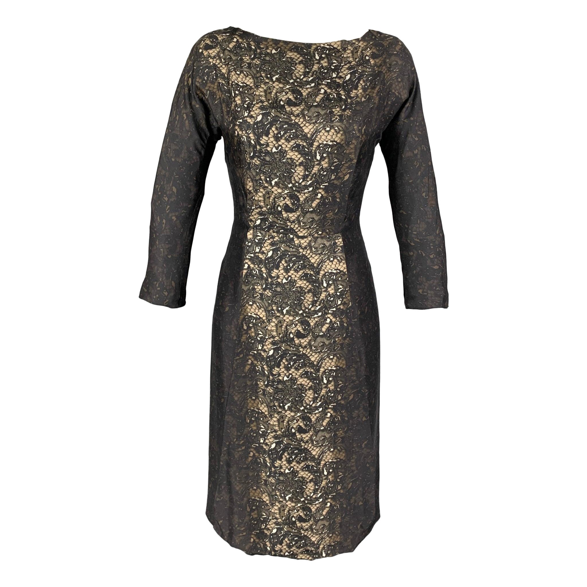 PRADA Taglia 2 Nero Marrone Seta Stampa Pizzo Abito Maniche 3/4 in vendita
