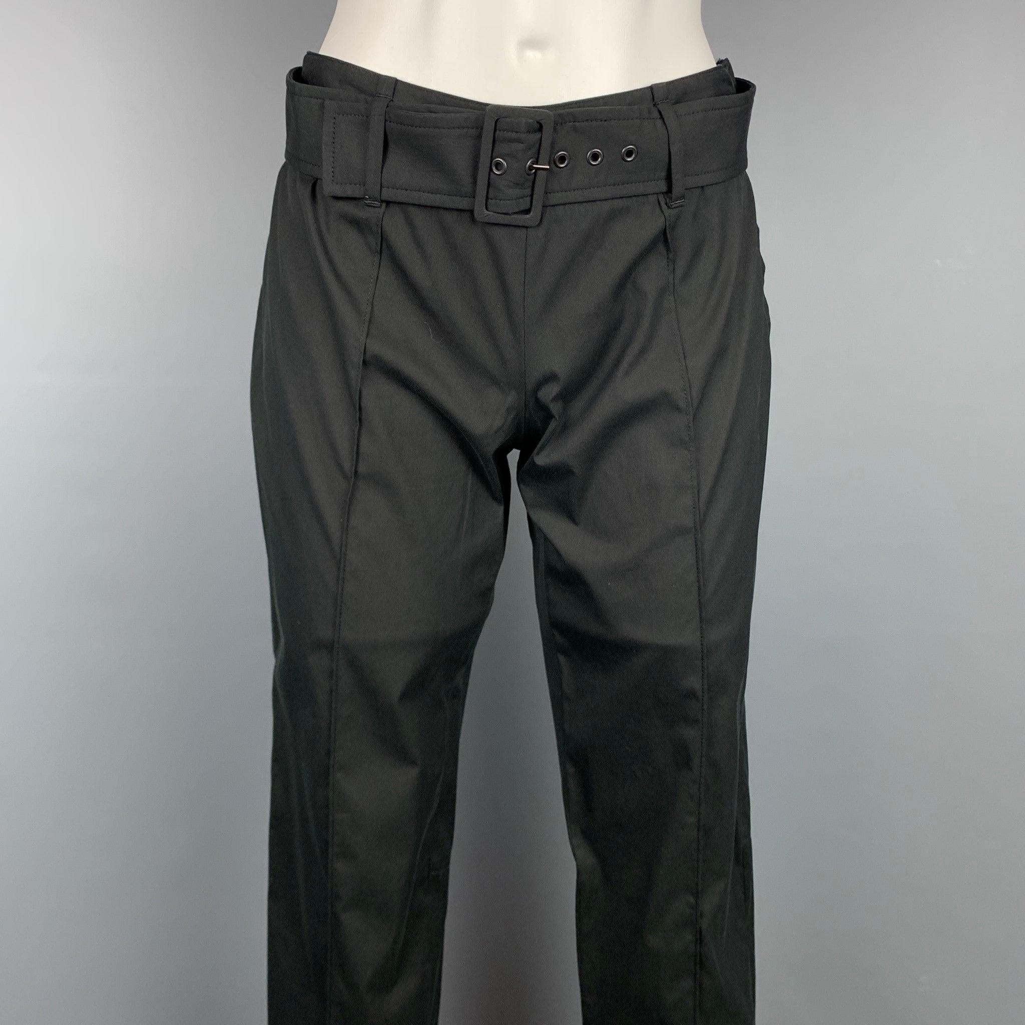 PRADA casual pants comes in a black poplin cotton blend featuring a pleated style, belted design, and a side zipper closure. Made in Italy.Very Good
Pre-Owned Condition. 

Marked:   IT 38 

Measurements: 
  Waist: 28 inches  Rise: 8.5 inches 