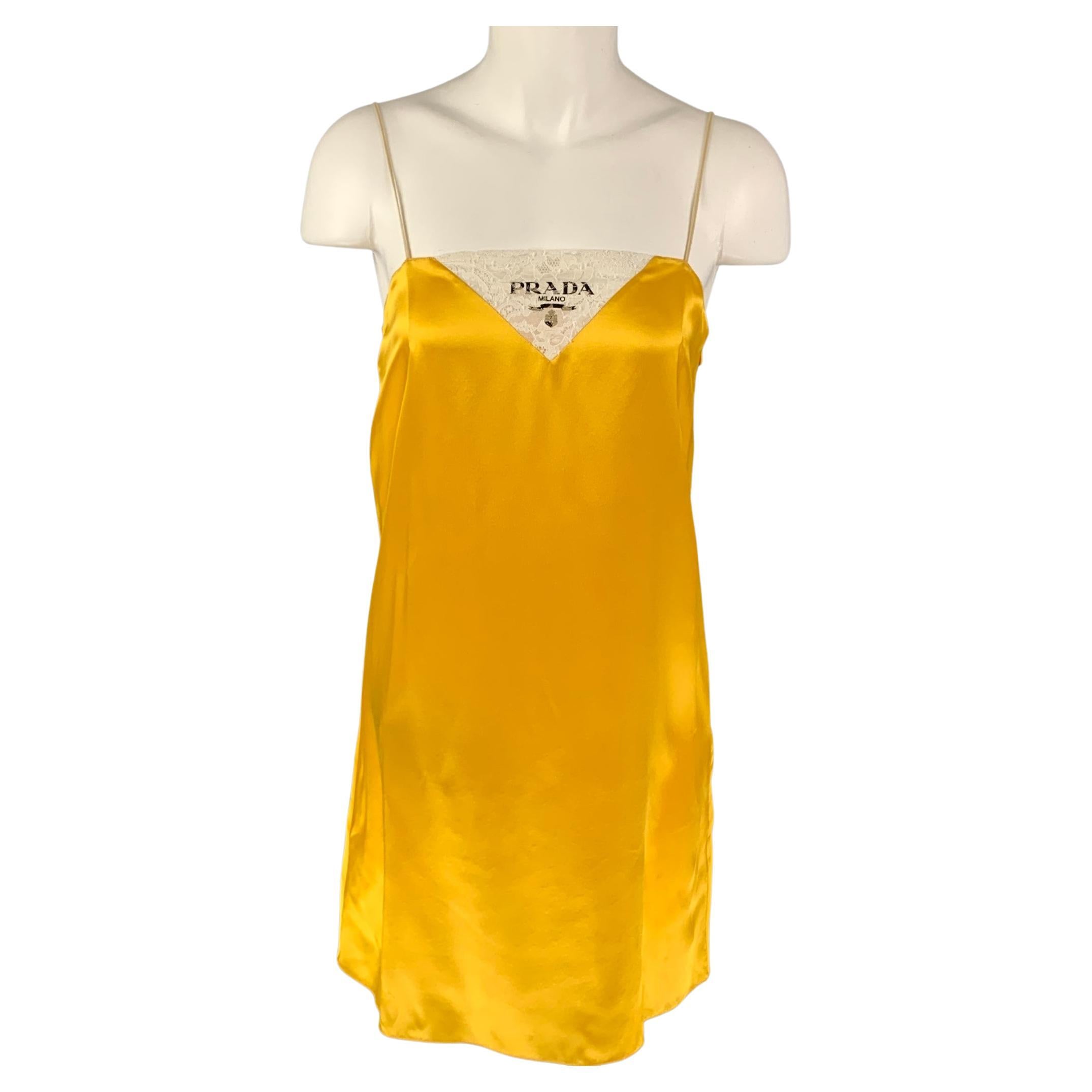 PRADA Size 2 Gold Silk Logo Spaghetti Straps Dress