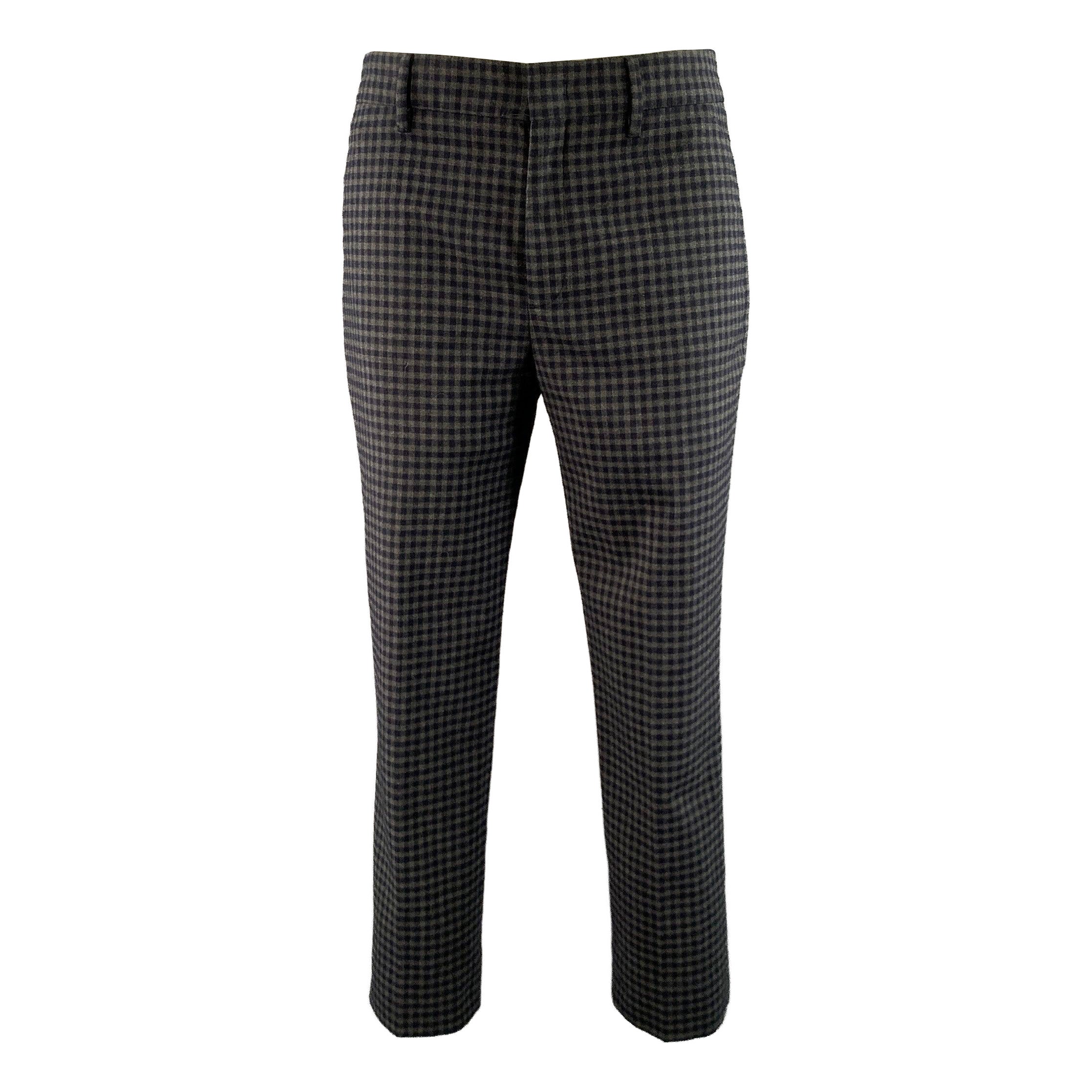 Pre-owned Prada Size 2 Grey Navy Wool Blend Plaid Dress Pants In Gray