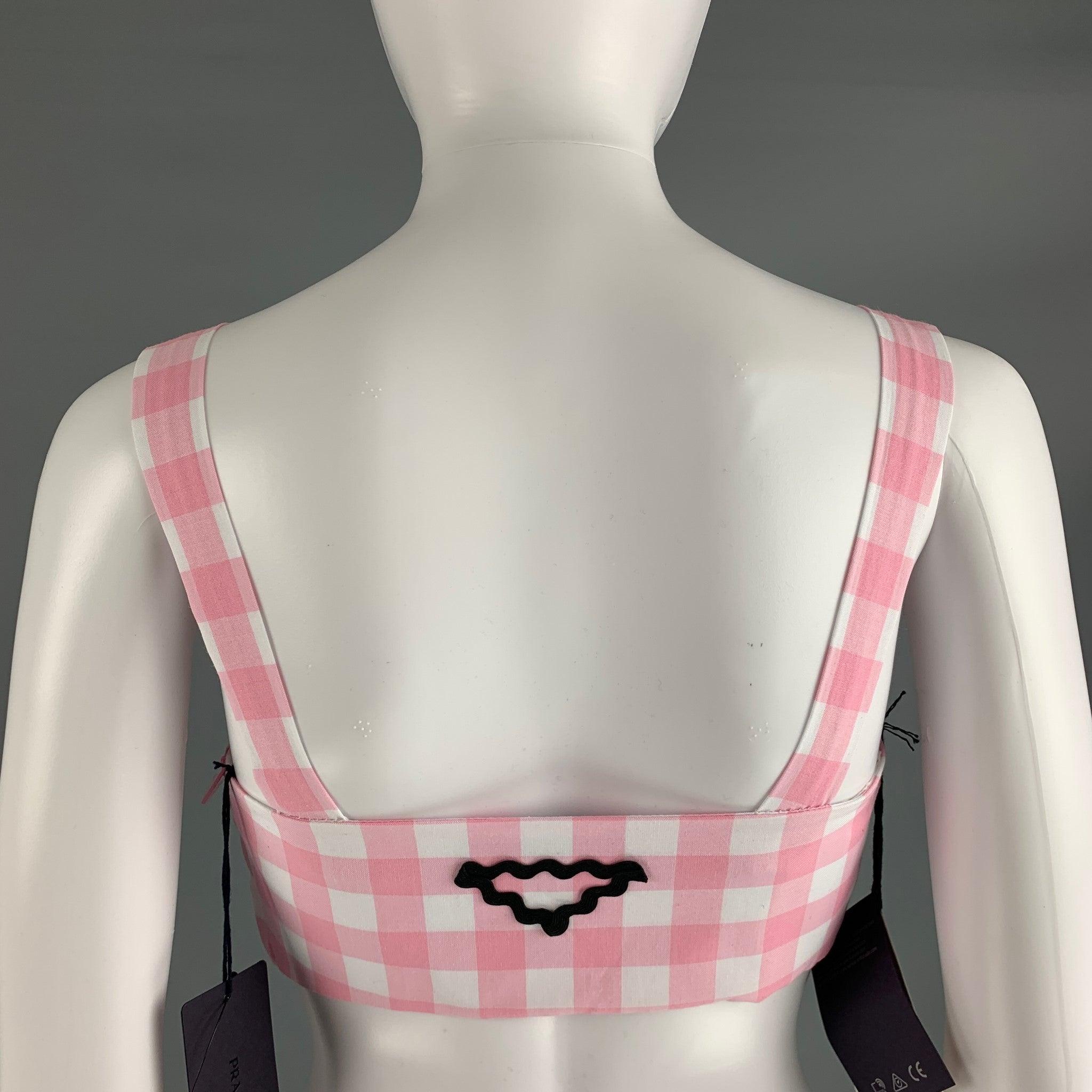 PRADA Size 2 Pink White Cotton Gingham Bralette Casual Top In Excellent Condition For Sale In San Francisco, CA