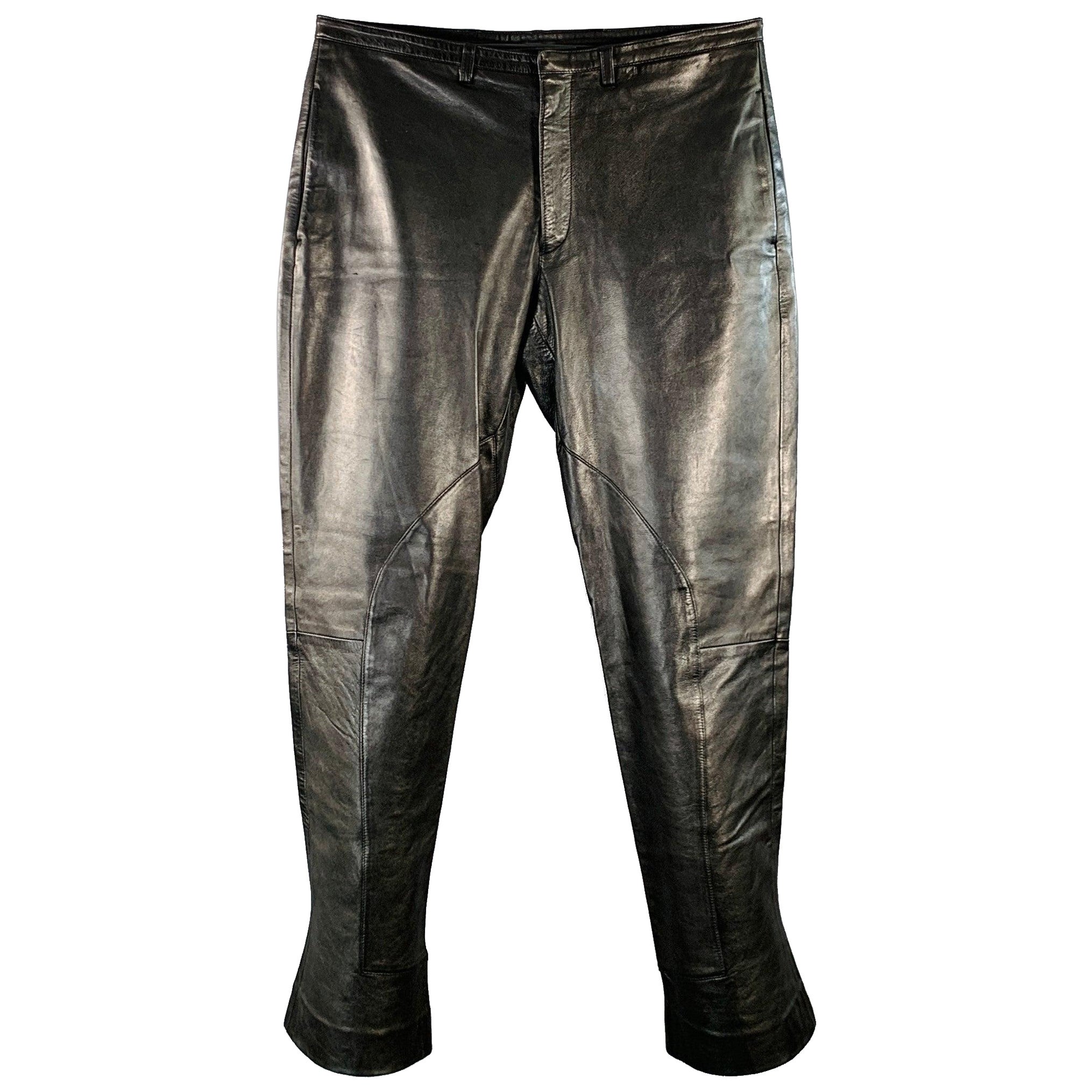 PRADA Size 32 Black Leather Low Rise Flared Casual Pants For Sale