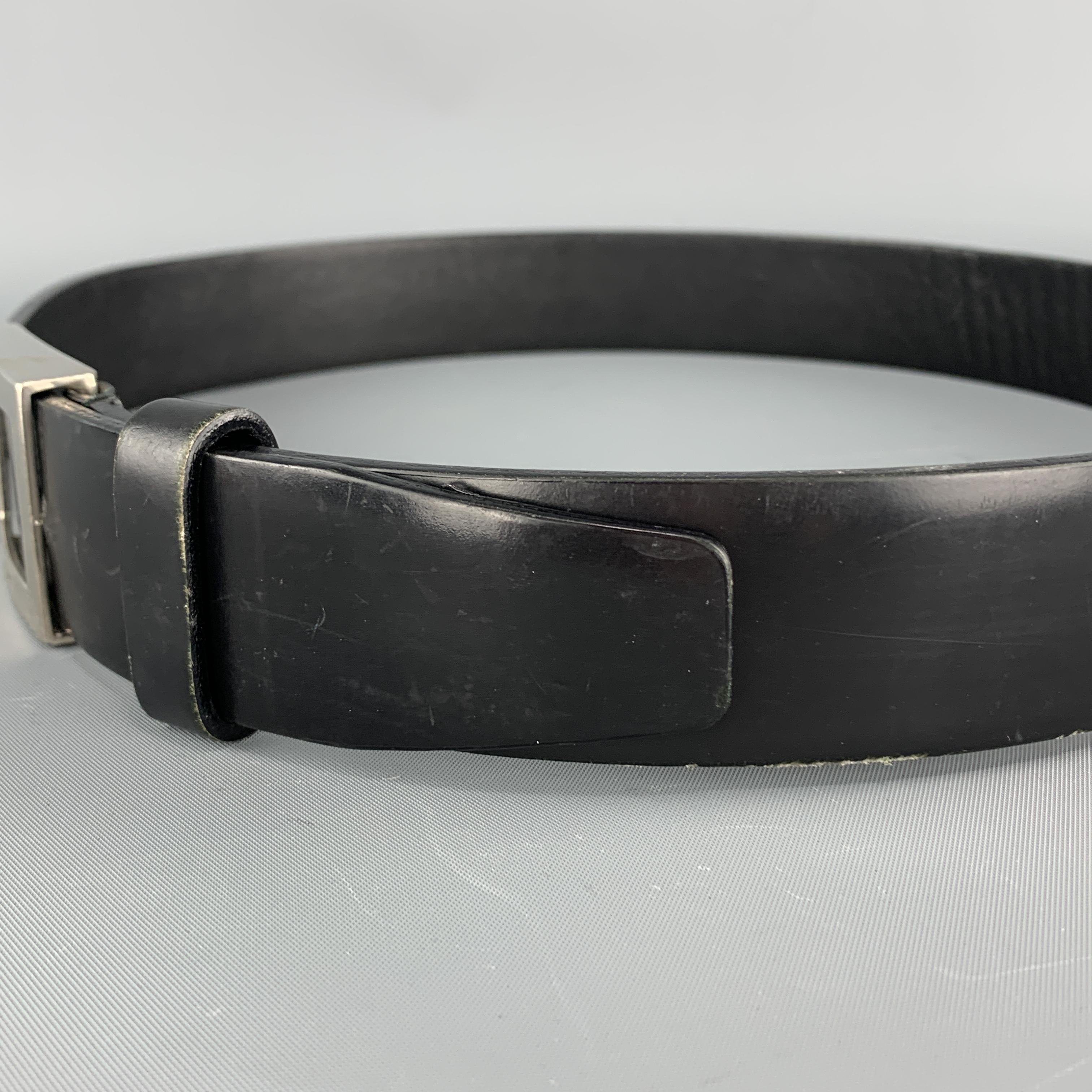 Men's PRADA Size 32 Black Leather Silver Tone Rectangle Buckle Belt
