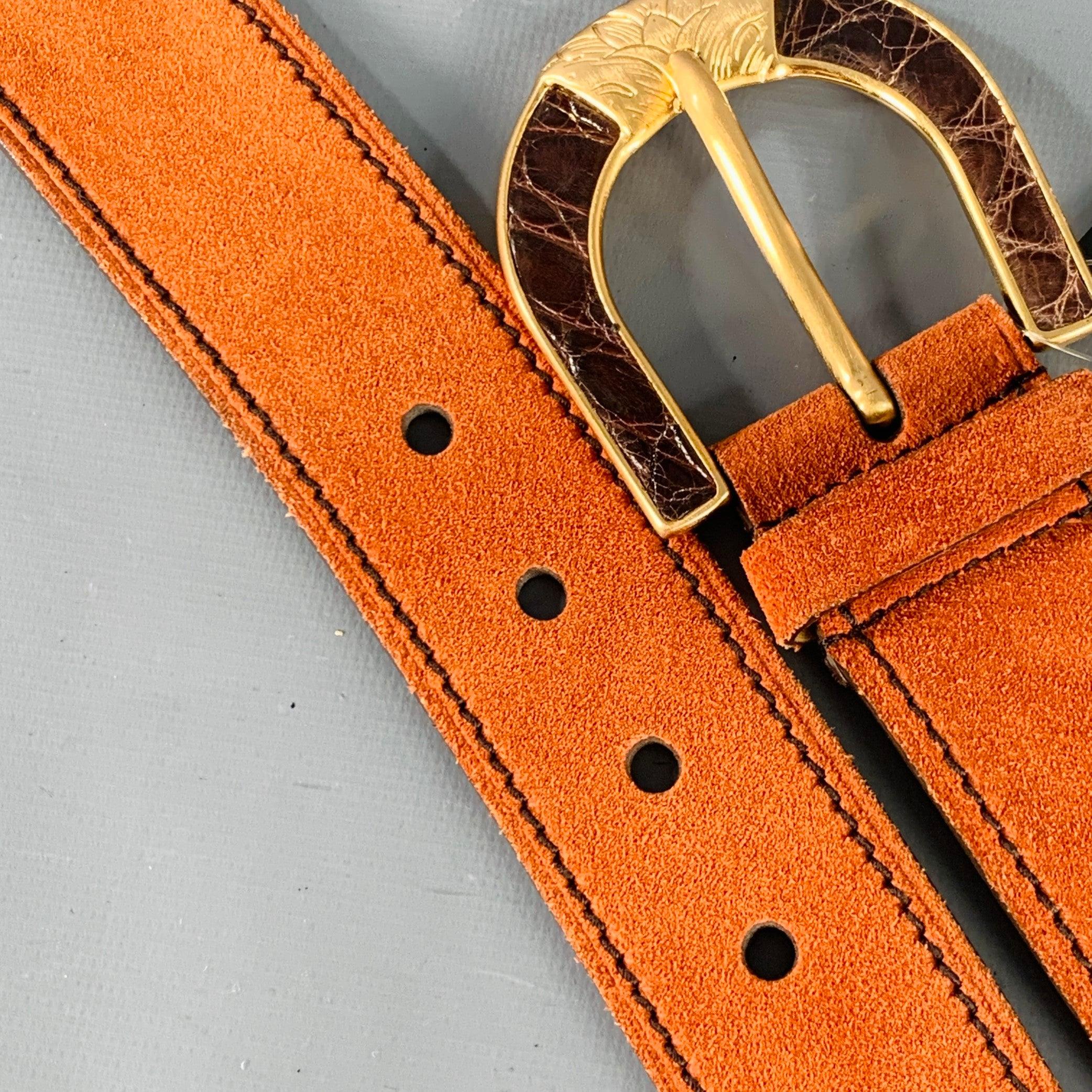PRADA Taille 32 Ceinture en daim orange et or en vente 5