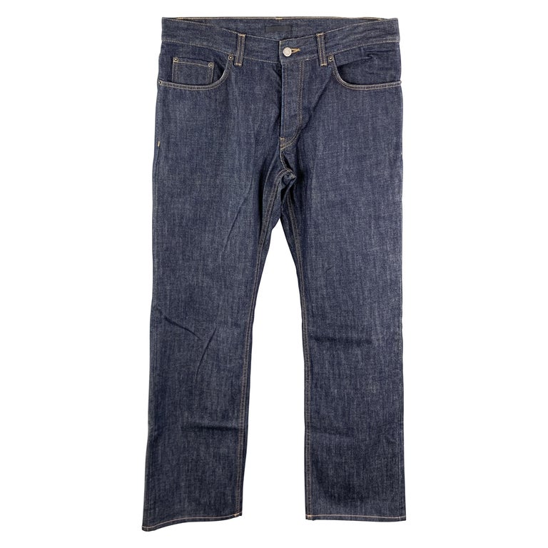 PRADA Size 33 Indigo Contrast Stitch Denim Button Fly Jeans at 1stDibs