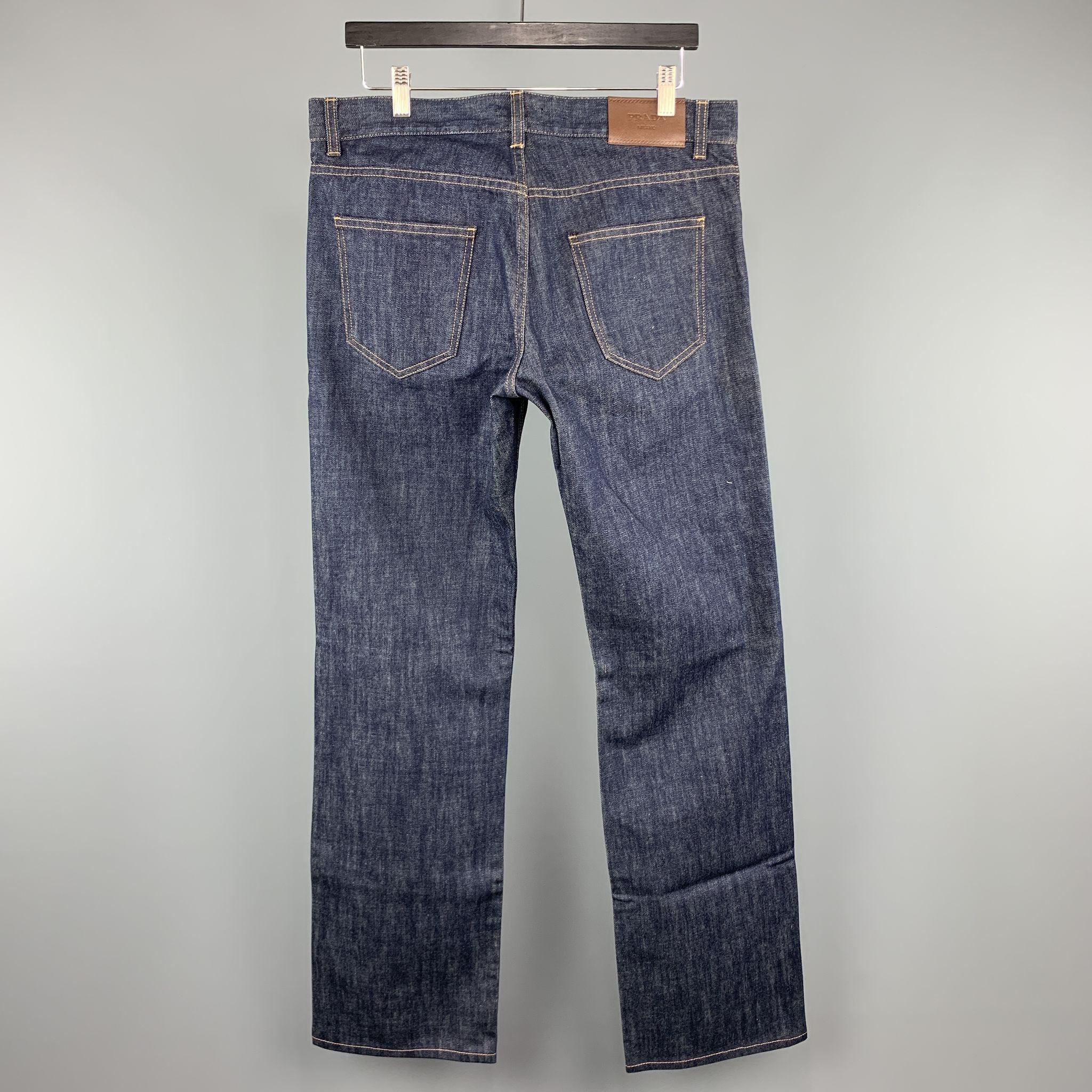 PRADA Size 33 x 34 Indigo Solid Cotton Button Fly Jeans In Excellent Condition In San Francisco, CA