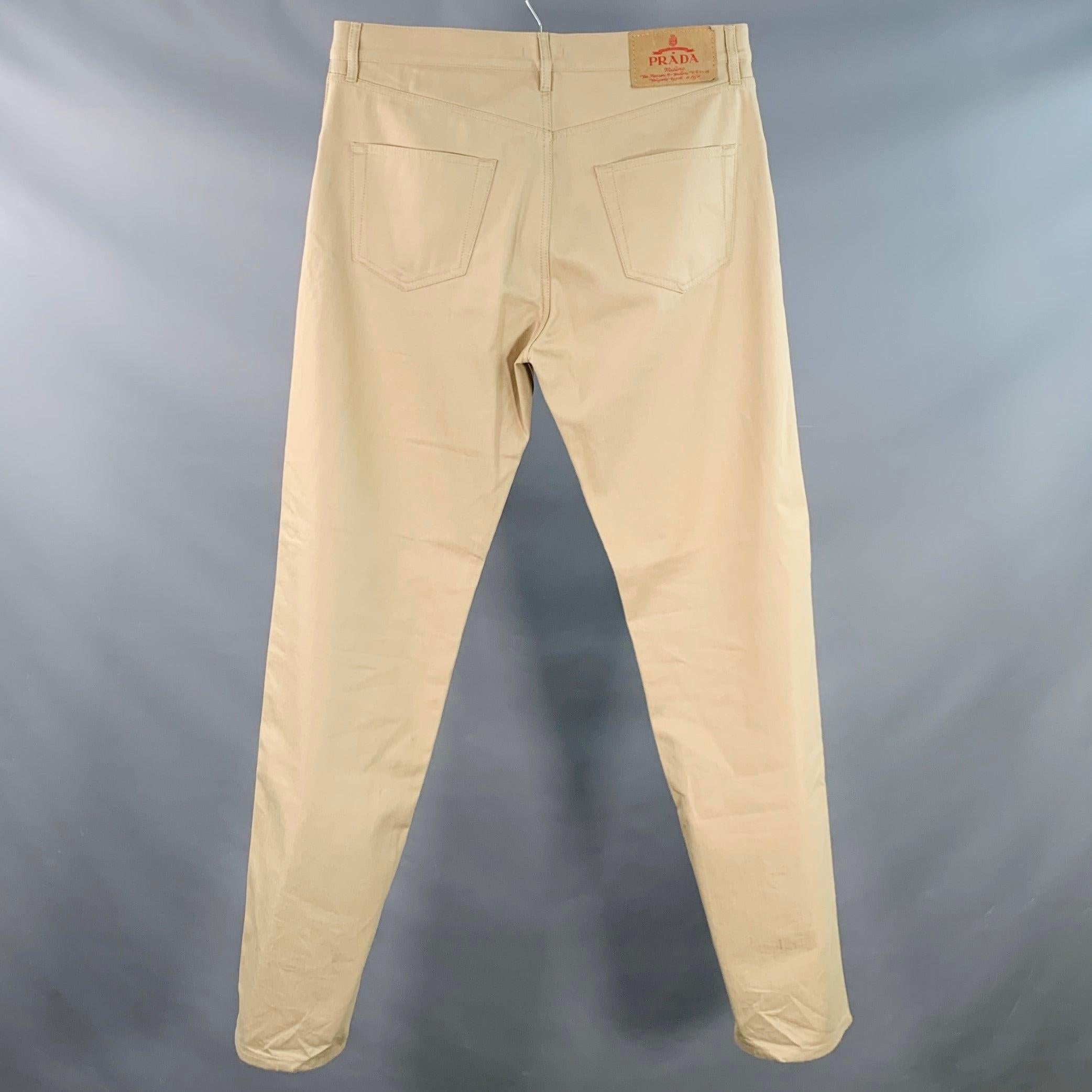 Beige PRADA Taglia 34 Jeans in Twill di Cotone Khaki dal taglio classico con bottoni e moschettoni in vendita