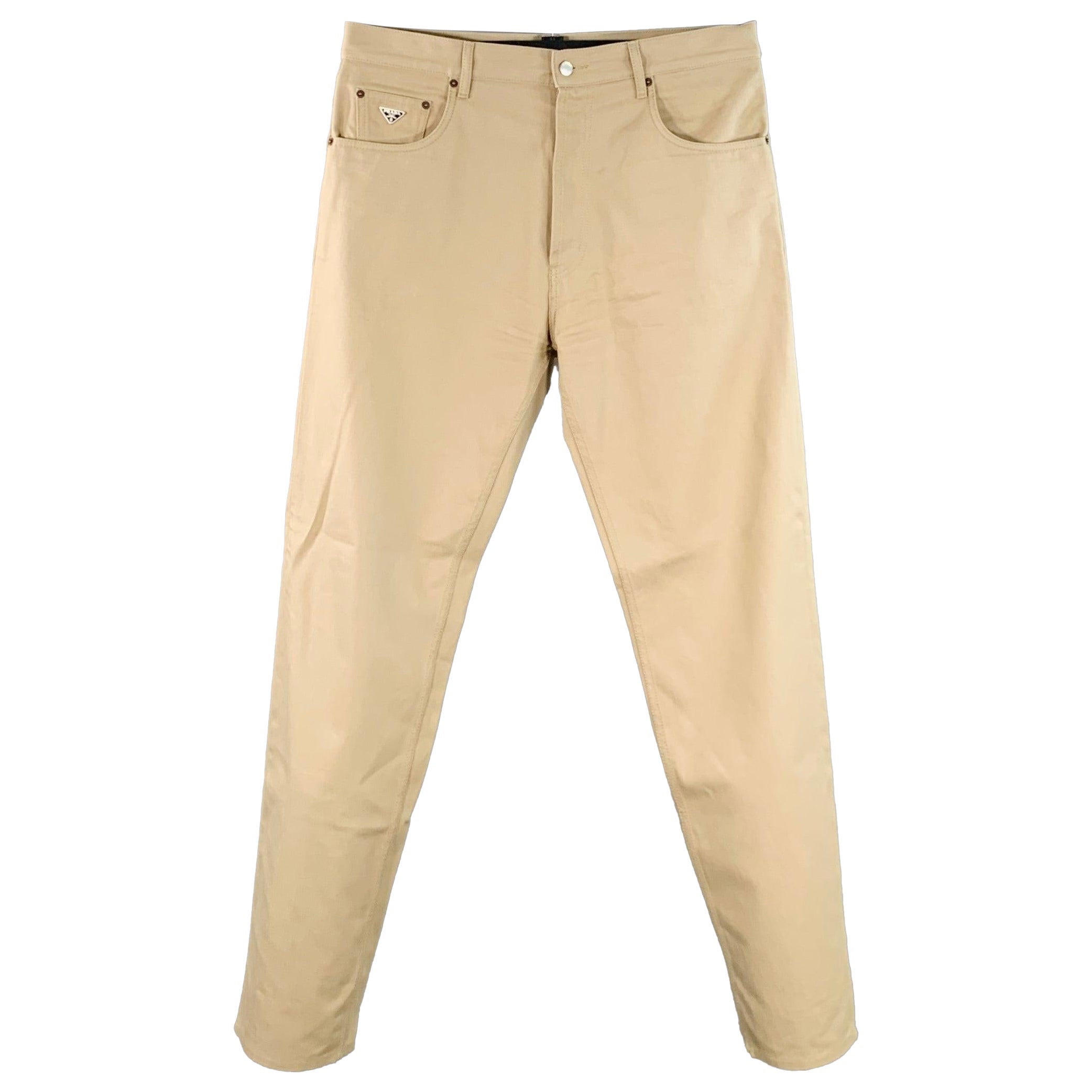 PRADA Taglia 34 Jeans in Twill di Cotone Khaki dal taglio classico con bottoni e moschettoni