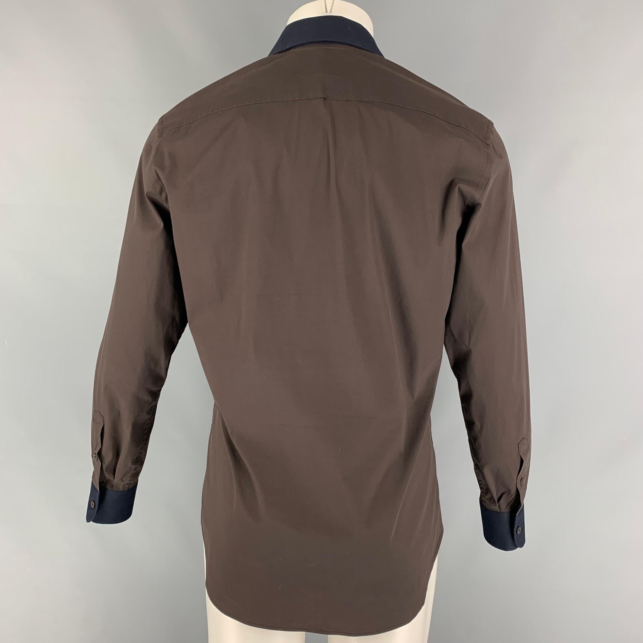 Black PRADA Size 38 Brown Navy Color Block Cotton Blend Button Down Long Sleeve Shirt