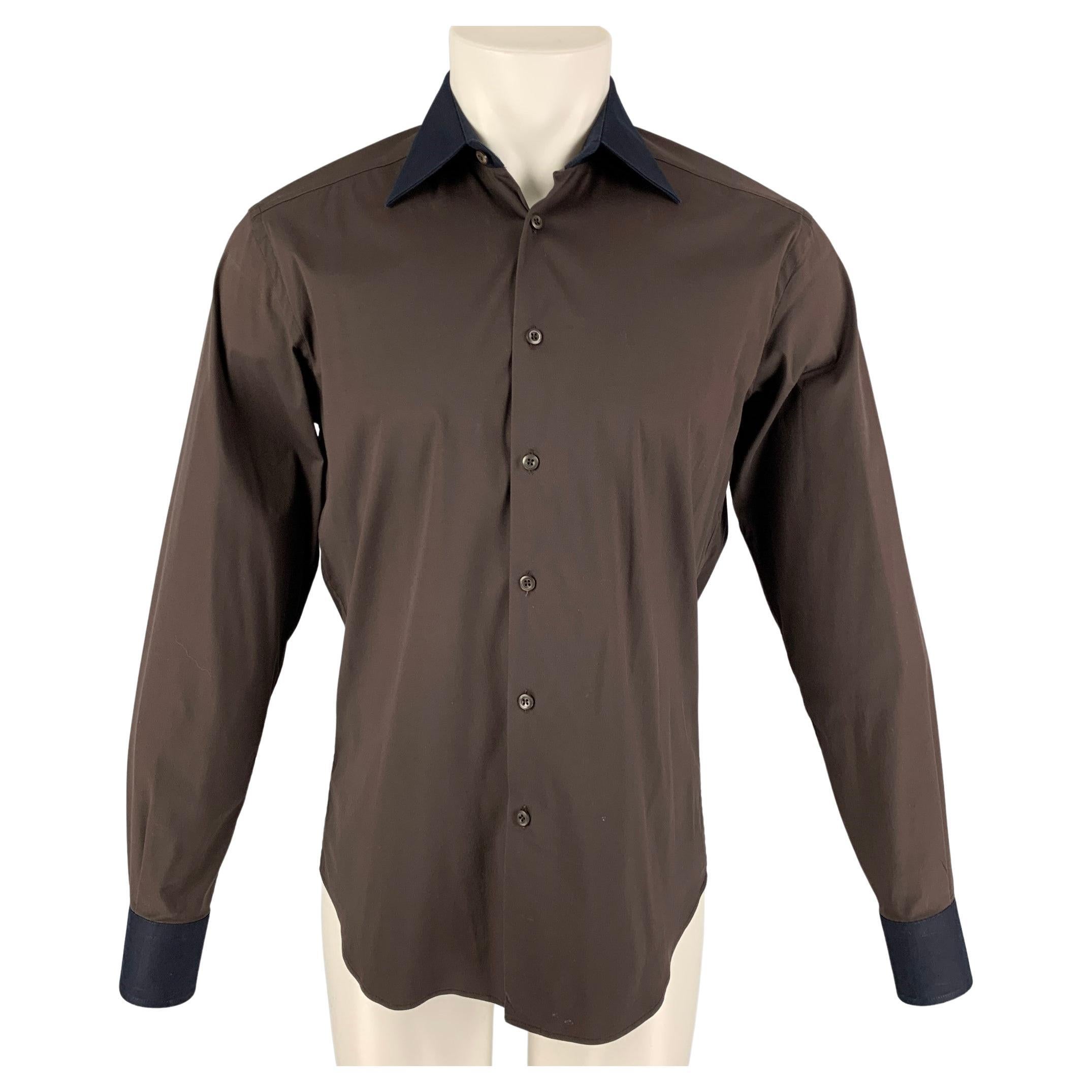 PRADA Size 38 Brown Navy Color Block Cotton Blend Button Down Long Sleeve Shirt