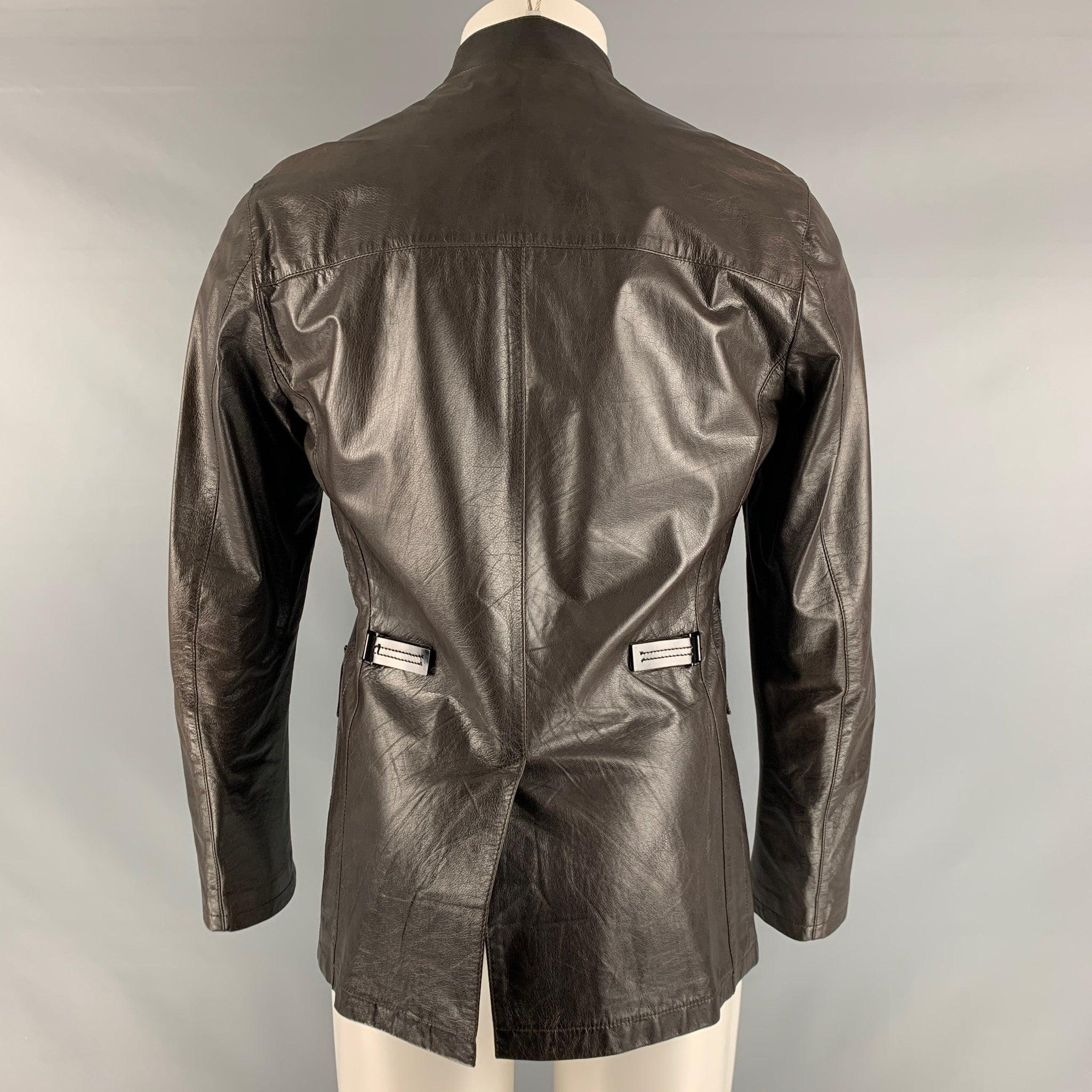 PRADA Size 38 Brown Solid Leather Zip & Snaps Jacket In Excellent Condition For Sale In San Francisco, CA