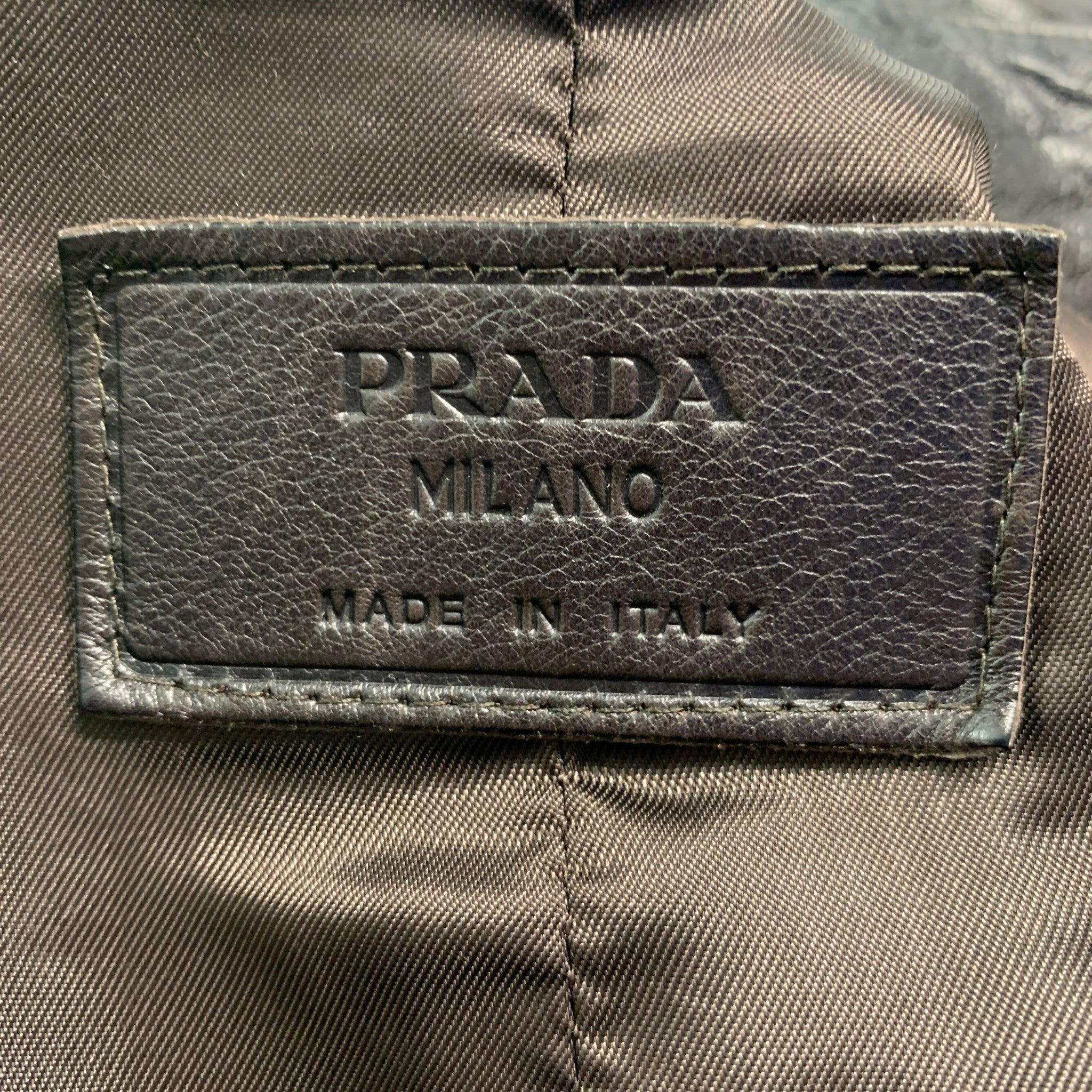 Men's PRADA Size 38 Brown Solid Leather Zip & Snaps Jacket For Sale