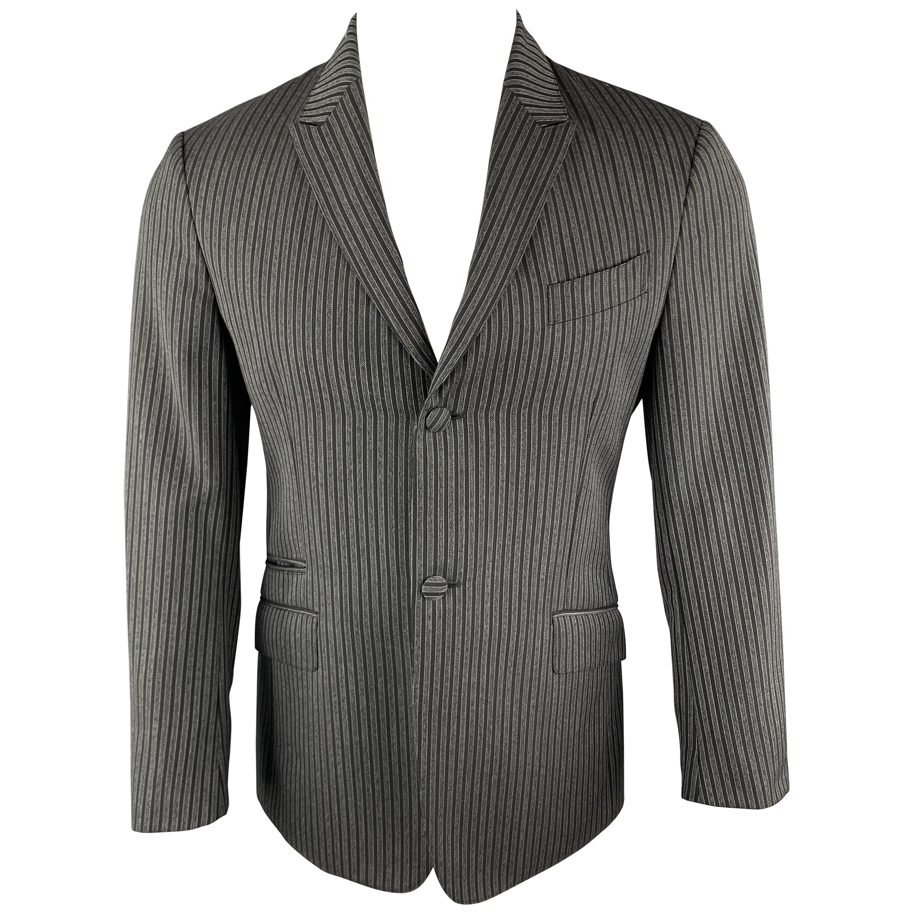 PRADA Size 38 Charcoal & Black Vertical Stripe Wool / Mohair Peak Lapel Blazer