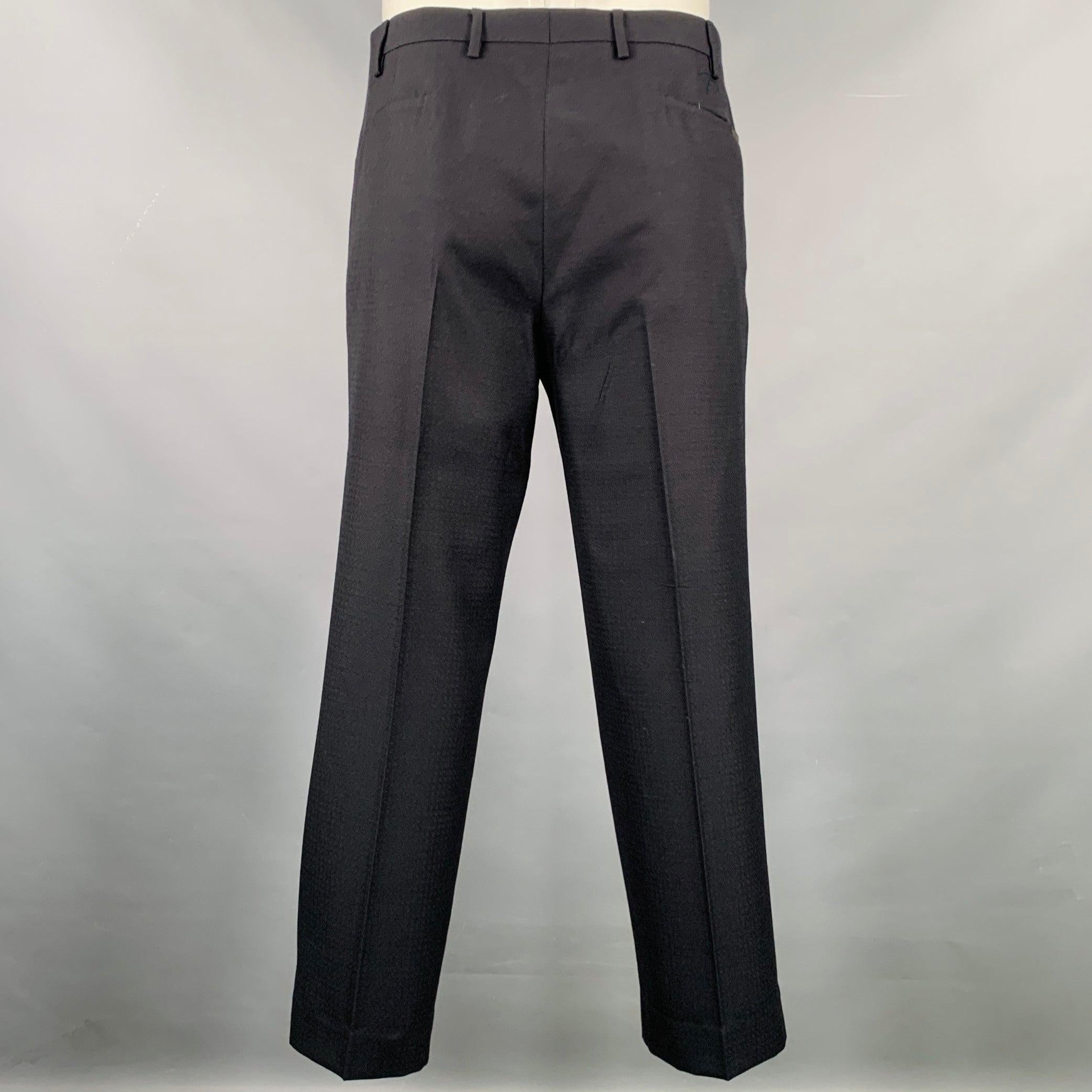 Black PRADA Size 38 Grey Textured Wool Flat Front Dress Pants For Sale