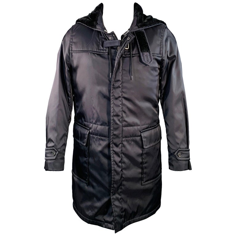 PRADA Size 38 Navy Polyester Hooded Zip Snaps Jacket For Sale at