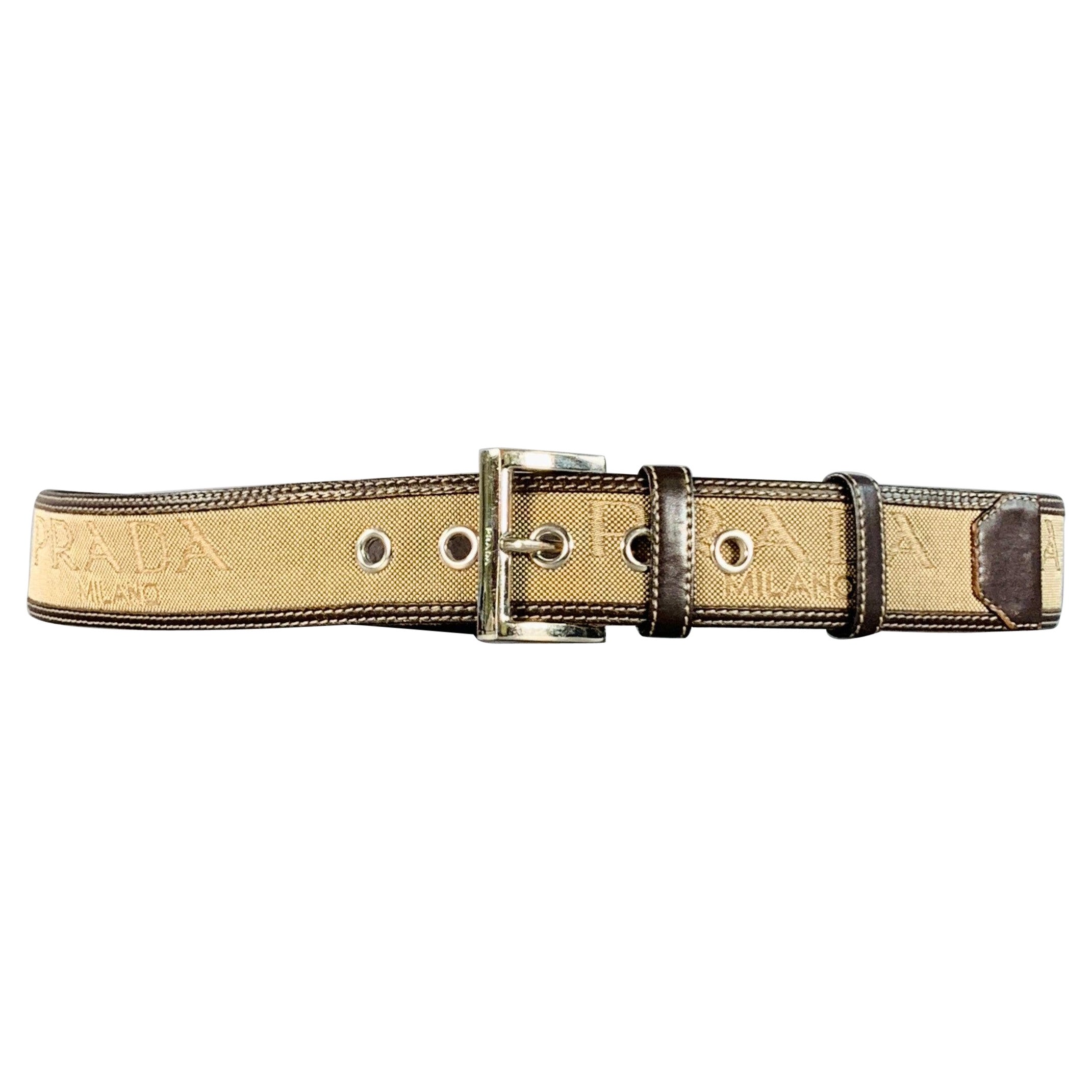 Prada Taglia 38 Cintura in pelle canvas marrone con logo, marrone e marrone.