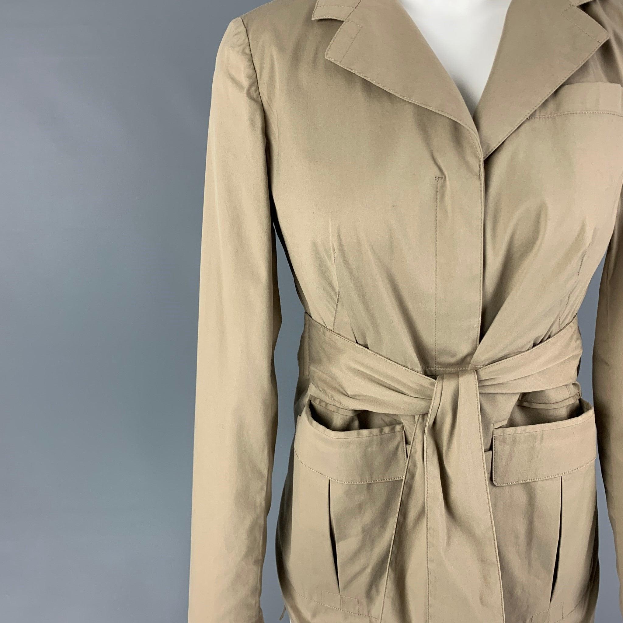 PRADA Size 4 Beige Cotton Blend Ruched Back Belted Jacket In Good Condition For Sale In San Francisco, CA