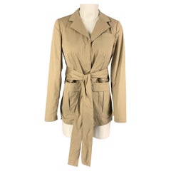 PRADA Size 4 Beige Cotton Blend Ruched Back Belted Jacket