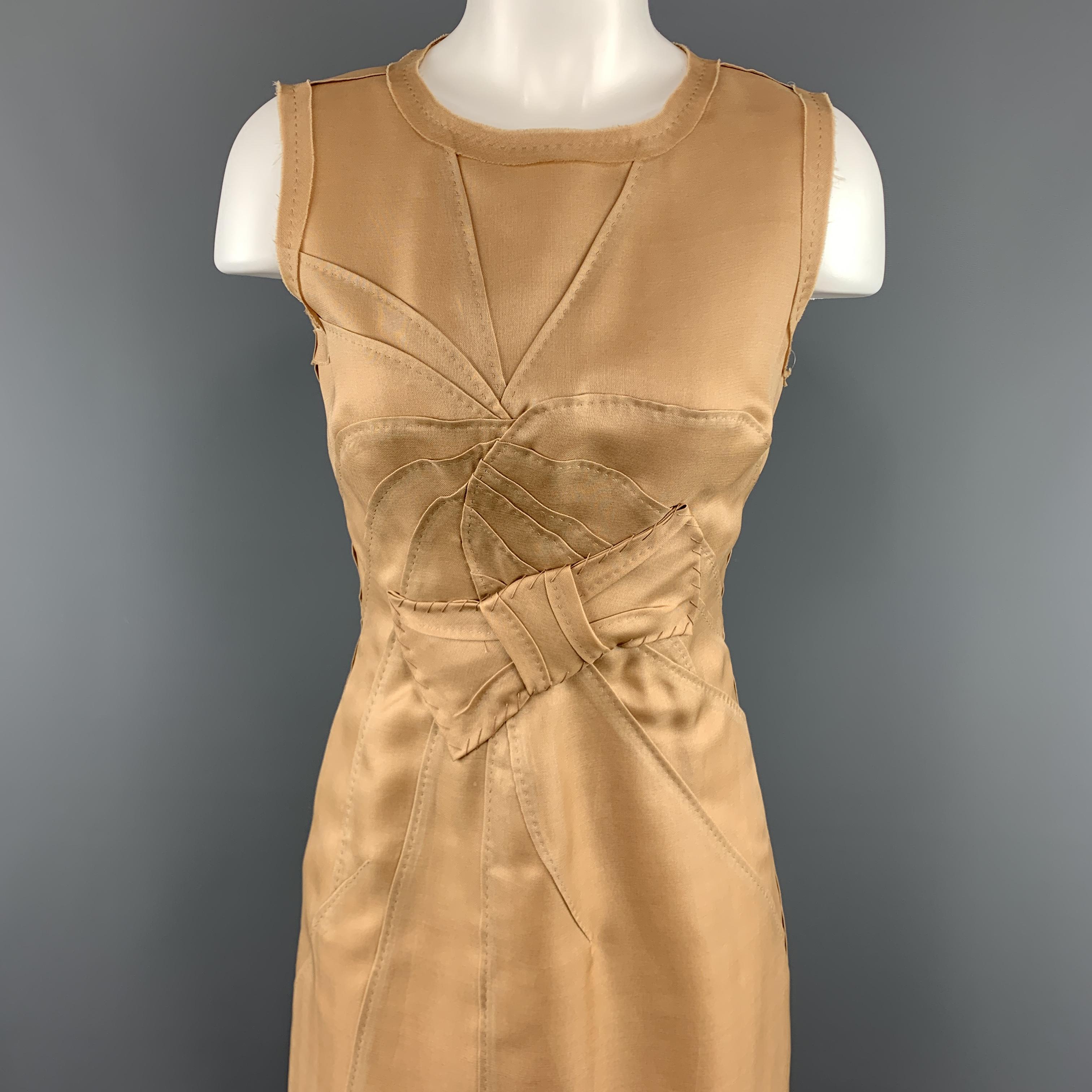 PRADA sleeveless sheath cocktail dress comes in beige woven silk with a raw edged round neckline and top stitched panelled top stitch motif with bow applique. Made in Italy.

Excellent Pre-Owned Condition.
Marked: IT 40

Measurements:

Shoulder: 14