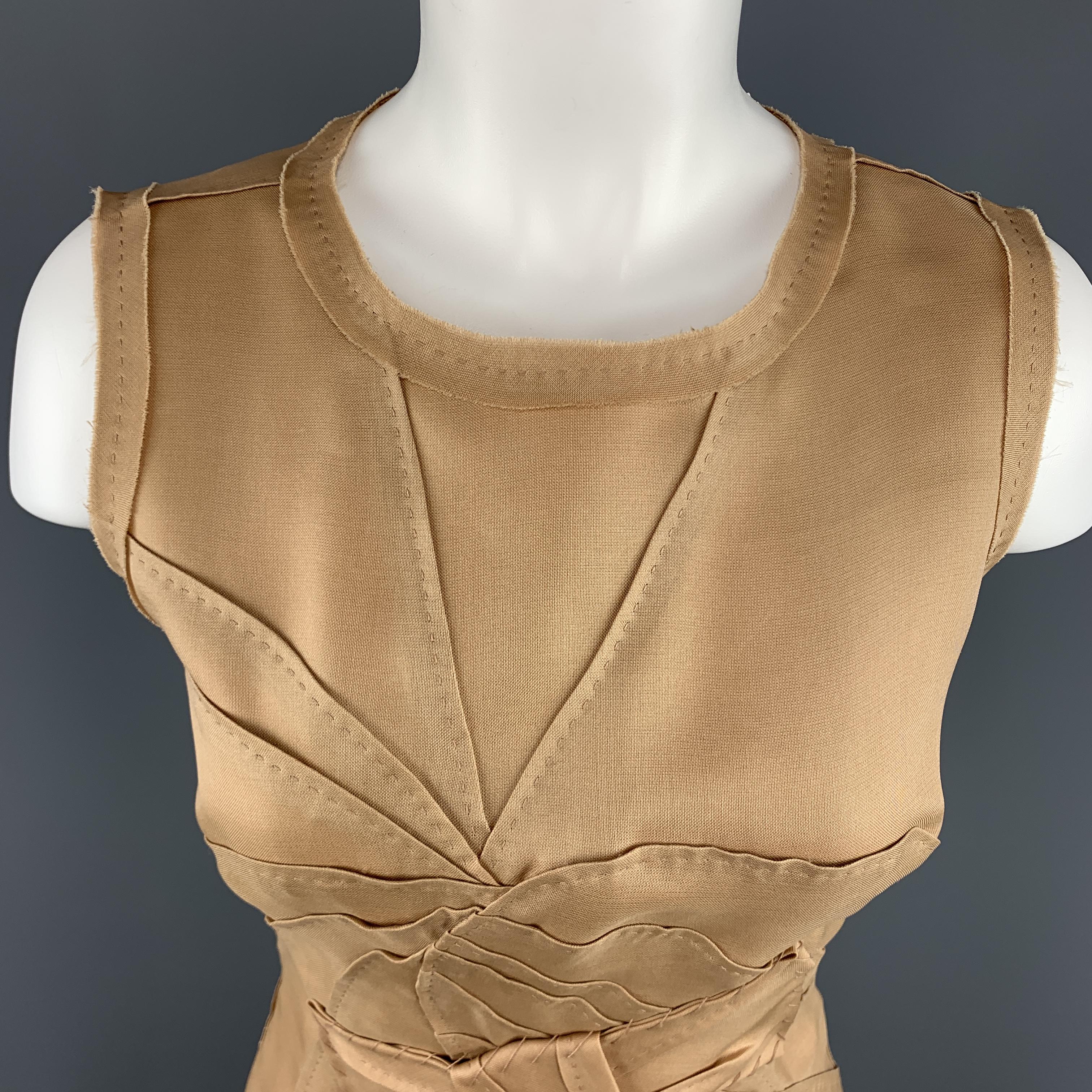 PRADA Size 4 Beige Woven Silk Top Stitch Bow Motif Sleeveless Sheath Dress In Excellent Condition In San Francisco, CA