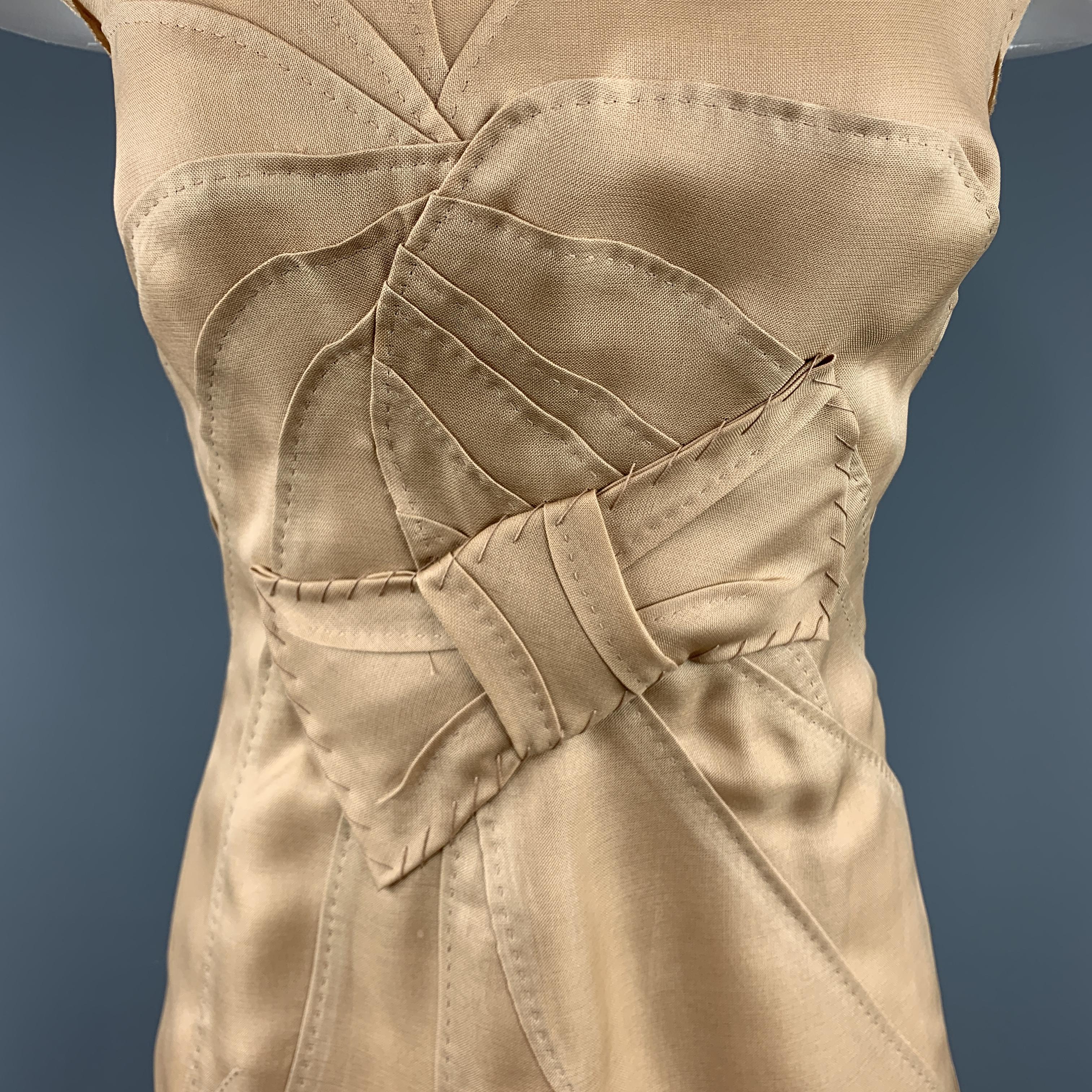 Women's PRADA Size 4 Beige Woven Silk Top Stitch Bow Motif Sleeveless Sheath Dress
