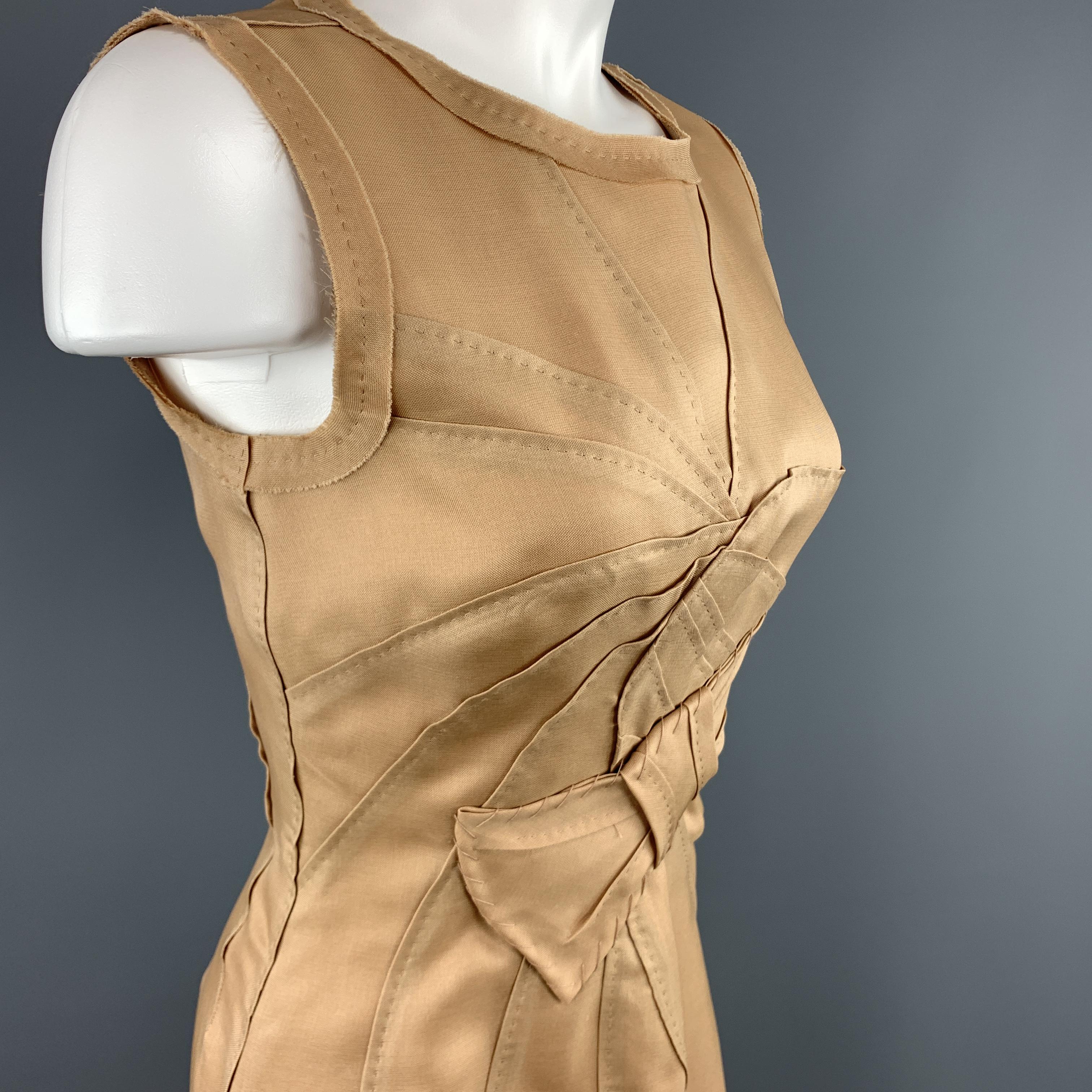 PRADA Size 4 Beige Woven Silk Top Stitch Bow Motif Sleeveless Sheath Dress 2