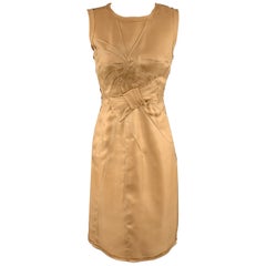 PRADA Size 4 Beige Woven Silk Top Stitch Bow Motif Sleeveless Sheath Dress