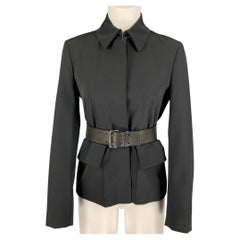 PRADA Size 4 Black Polyester Leather Belted Jacket