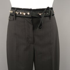 PRADA Size 4 Black Striped Virgin Wool Rhinestone Waistband Dress Pants