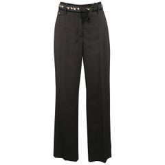 PRADA Size 4 Black Striped Virgin Wool Rhinestone Waistband Dress Pants