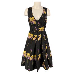 PRADA Size 4 Black Yellow Purple Floral Silk Pleated Cocktail Dress