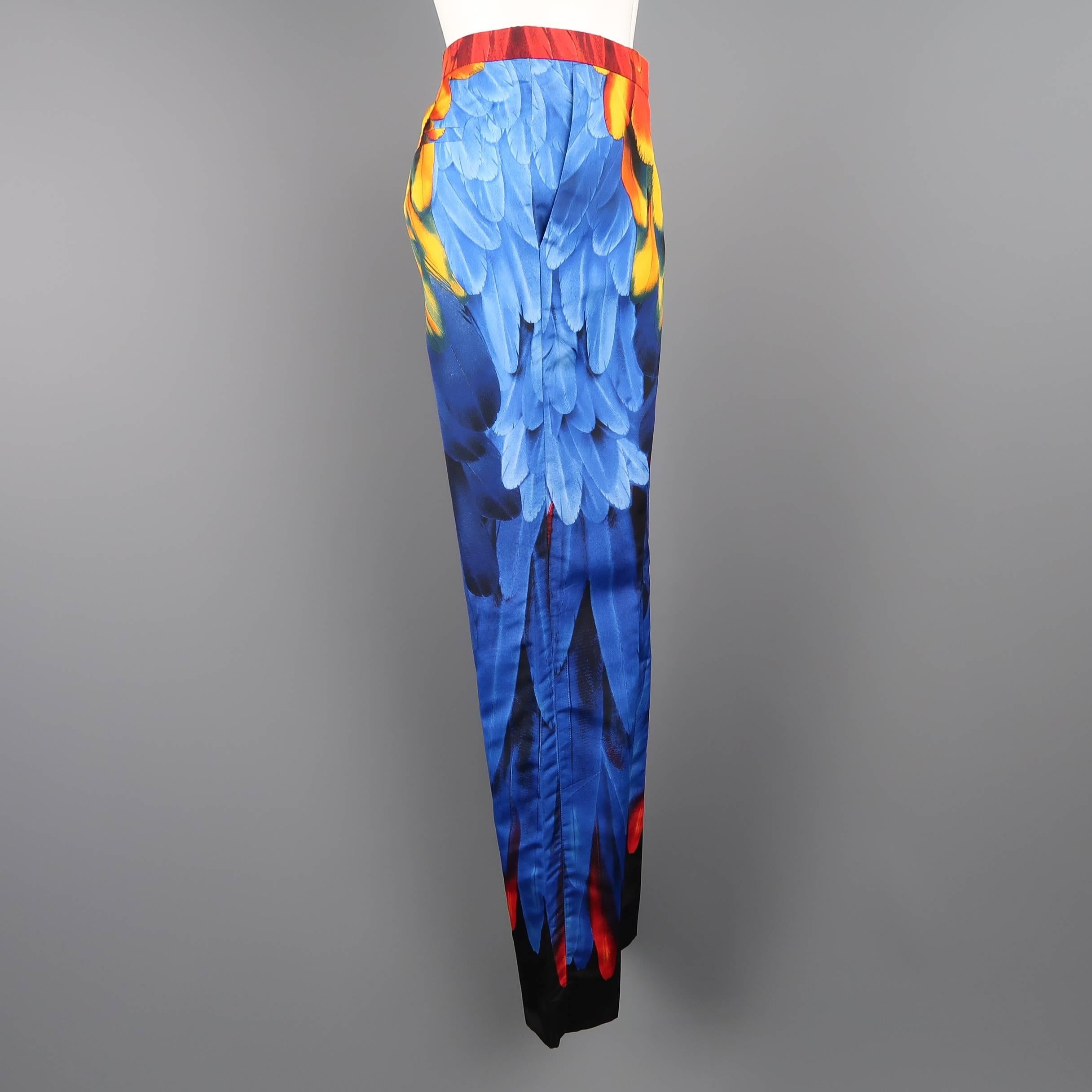 PRADA Pants - Spring 2005 Runway - Blue Red, Yellow Parrot Feather Silk Faille In Excellent Condition In San Francisco, CA