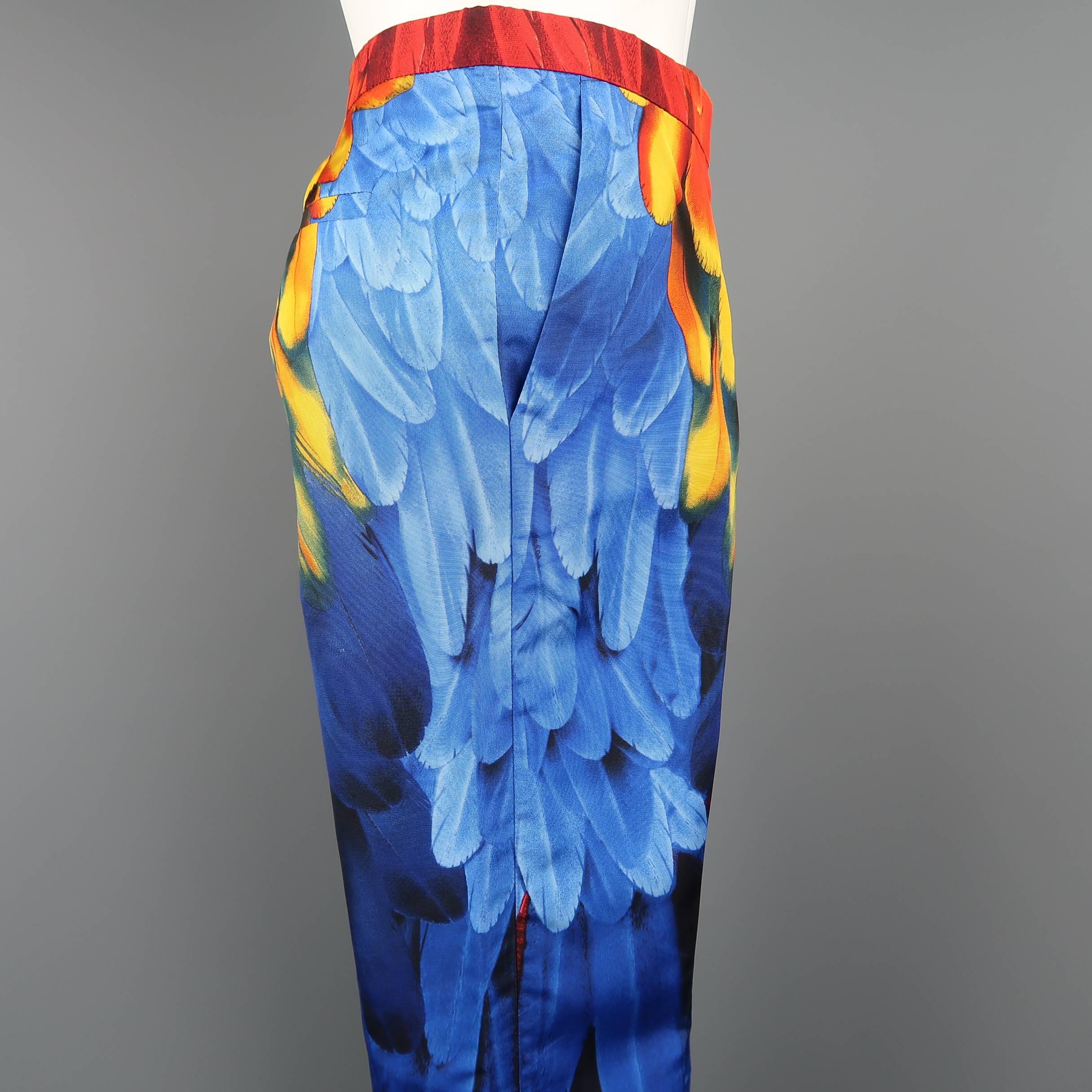 Women's PRADA Pants - Spring 2005 Runway - Blue Red, Yellow Parrot Feather Silk Faille