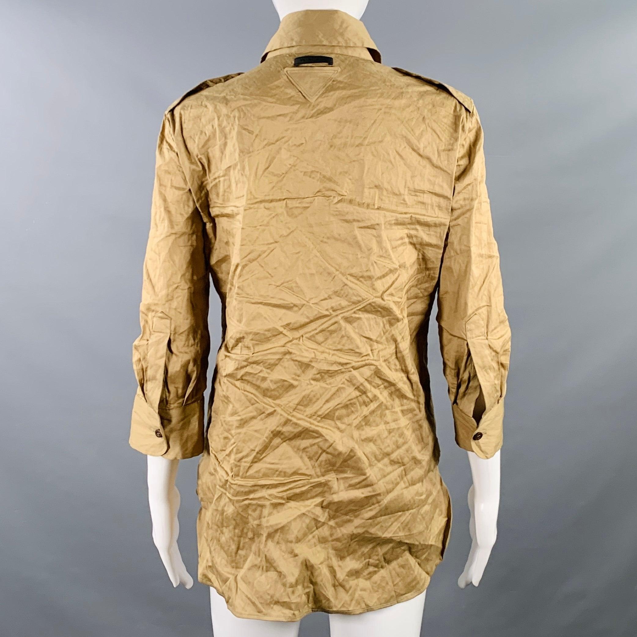Beige PRADA Size 4 Khaki Cotton Blend Wrinkled 3/4 Sleeves Shirt For Sale